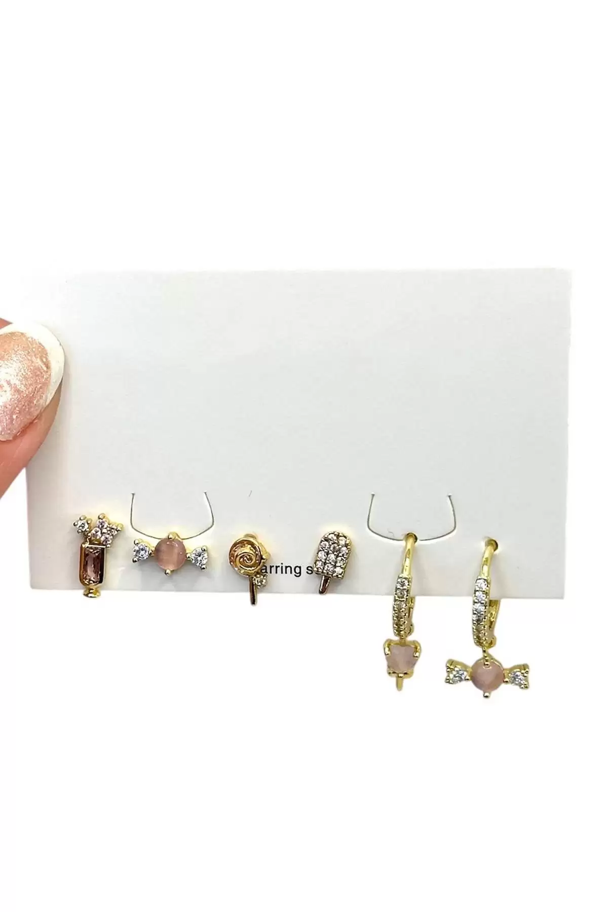 Altın Renk Karışık Figürlü Taş Detaylı 6lı Küpe Set