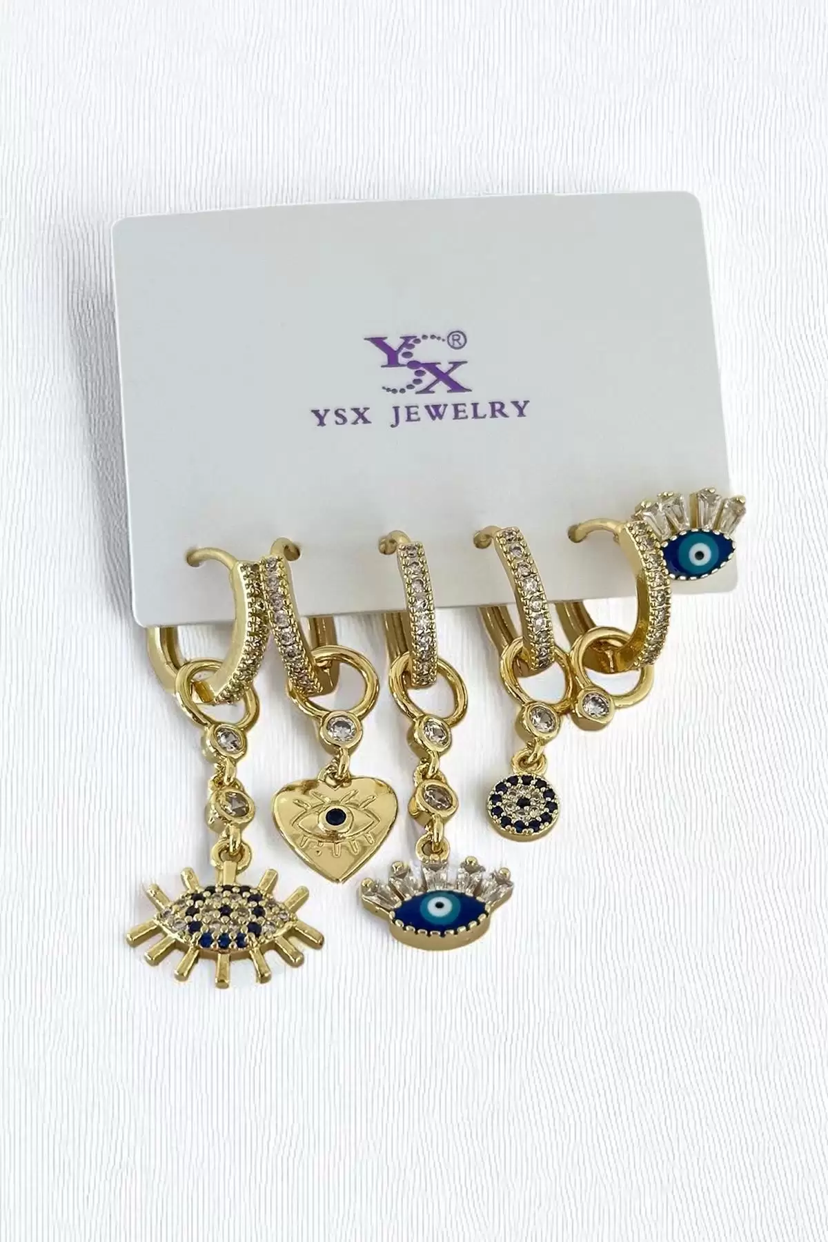 Altın Renk Karışık Figürlü Taş Detaylı 6lı YSX Küpe Set