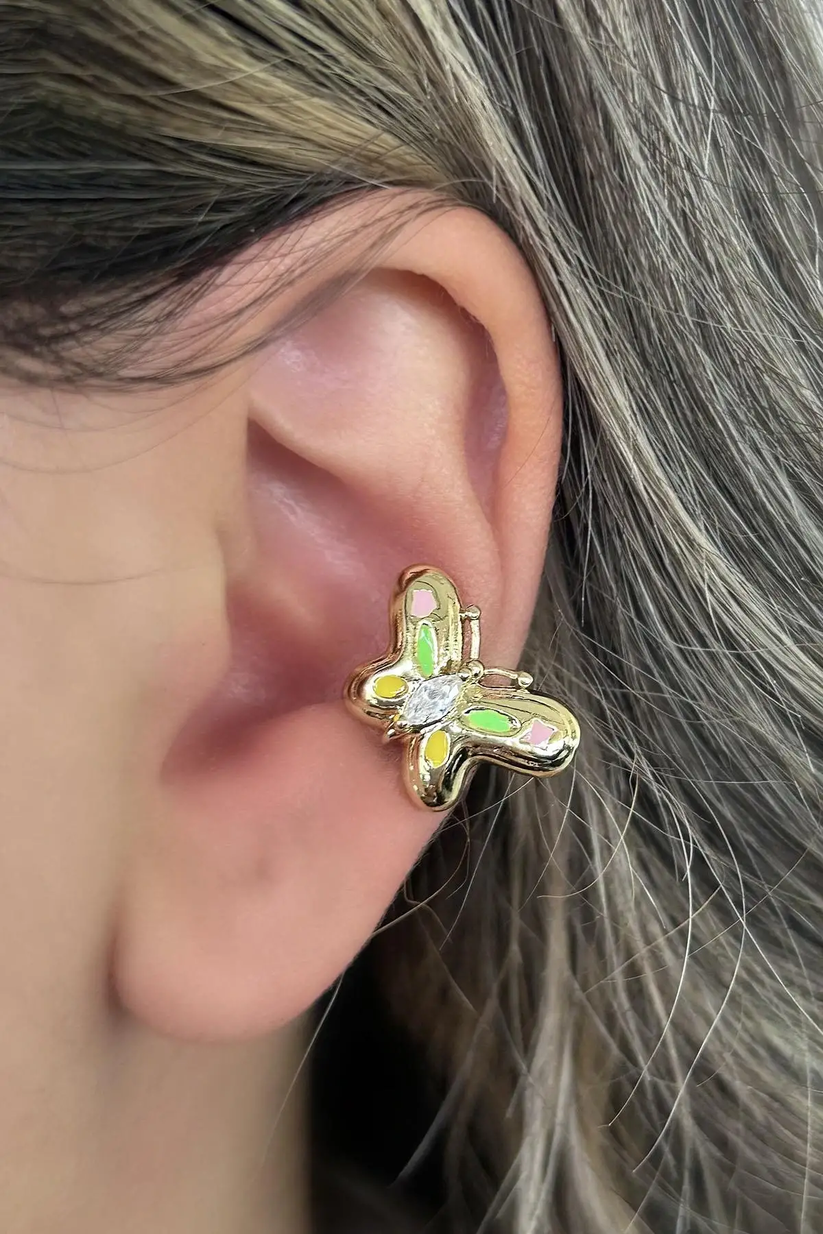 Altın Renk Kelebek Figürlü Taş Detaylı 14K Altın Kaplama TX Ear Cuff (Tek)