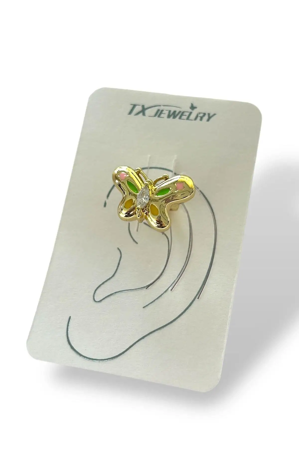 Altın Renk Kelebek Figürlü Taş Detaylı 14K Altın Kaplama TX Ear Cuff (Tek)
