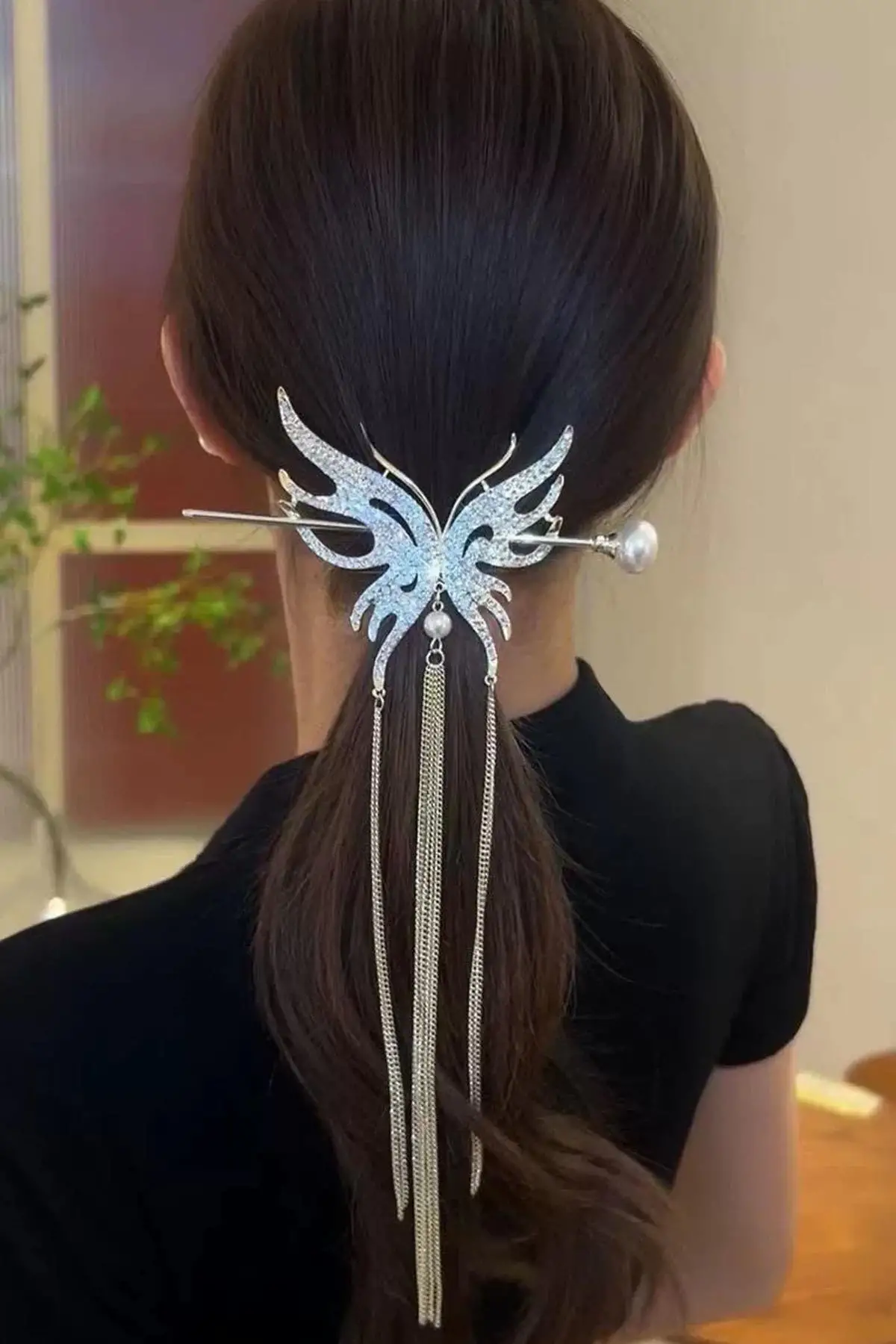 Rose Renk Kelebek Figürlü Taşlı Sallantılı Topuz Toka