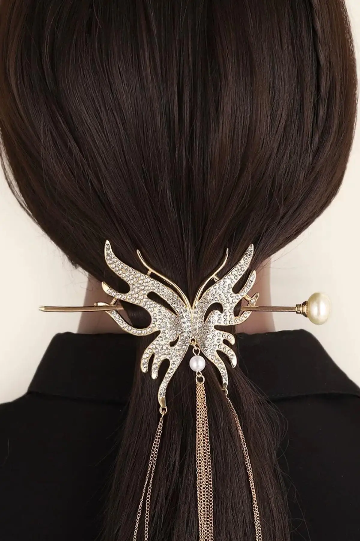 Rose Renk Kelebek Figürlü Taşlı Sallantılı Topuz Toka