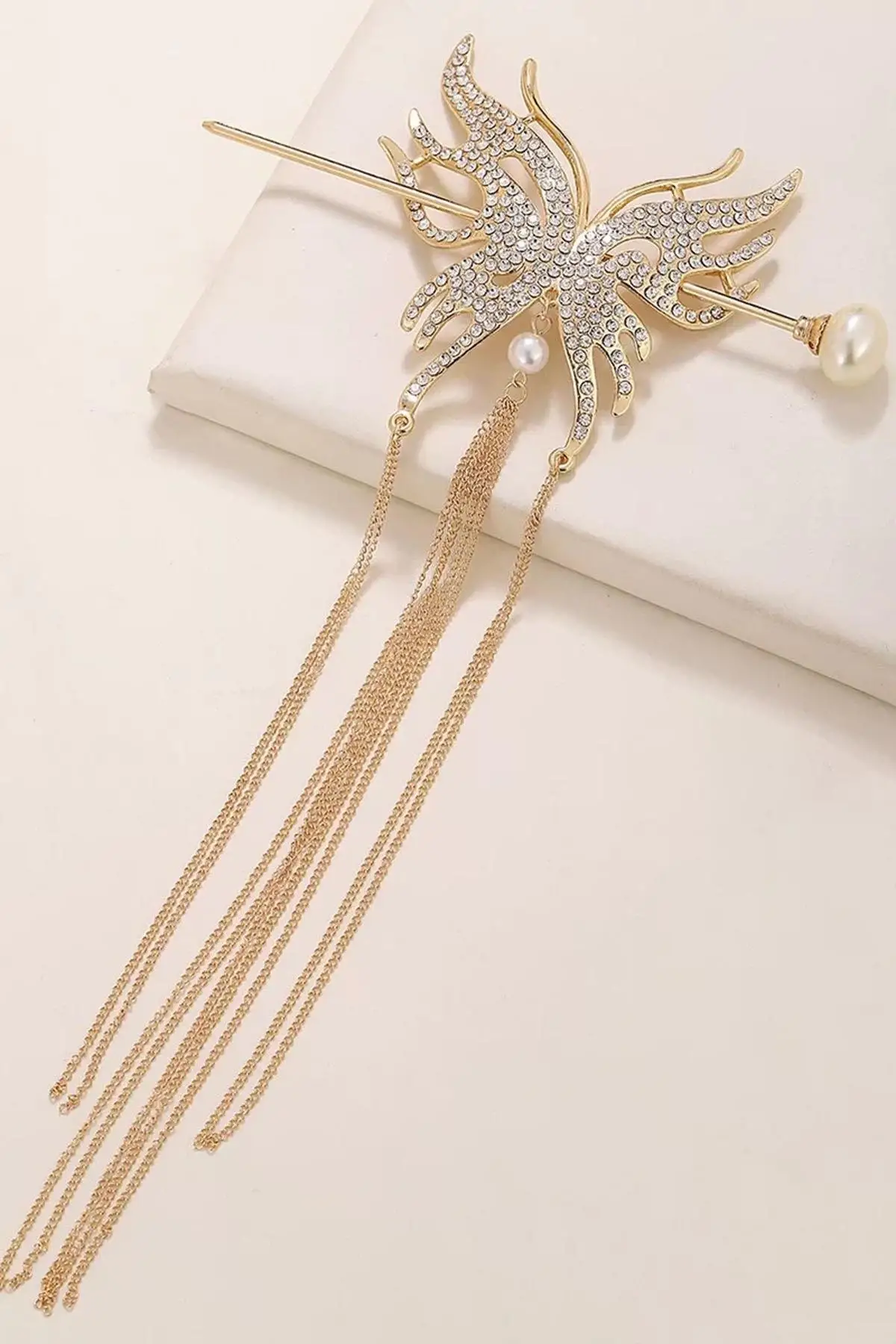 Rose Renk Kelebek Figürlü Taşlı Sallantılı Topuz Toka