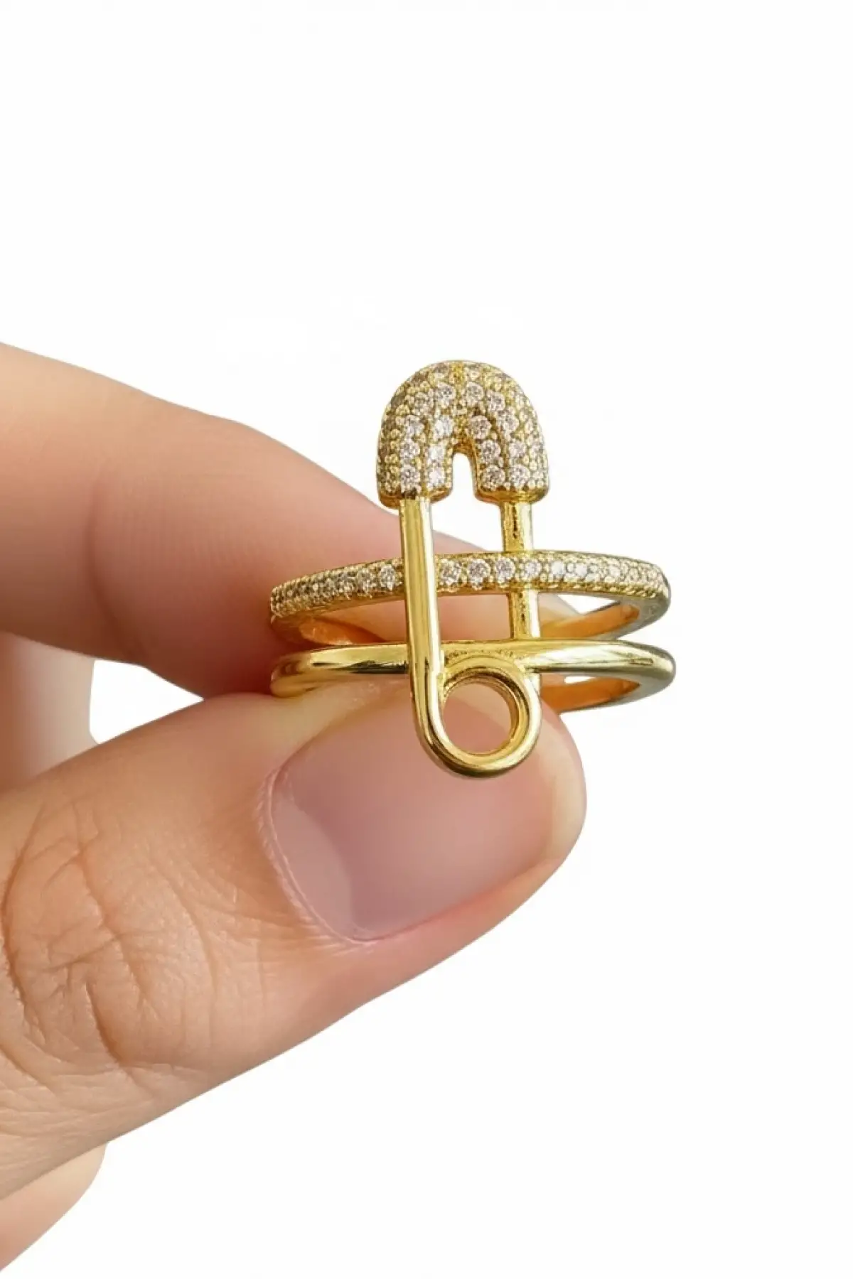 Altın Renk Kilitli İğne Figürlü 14K Altın Kaplama Ayarlanabilir Yüzük