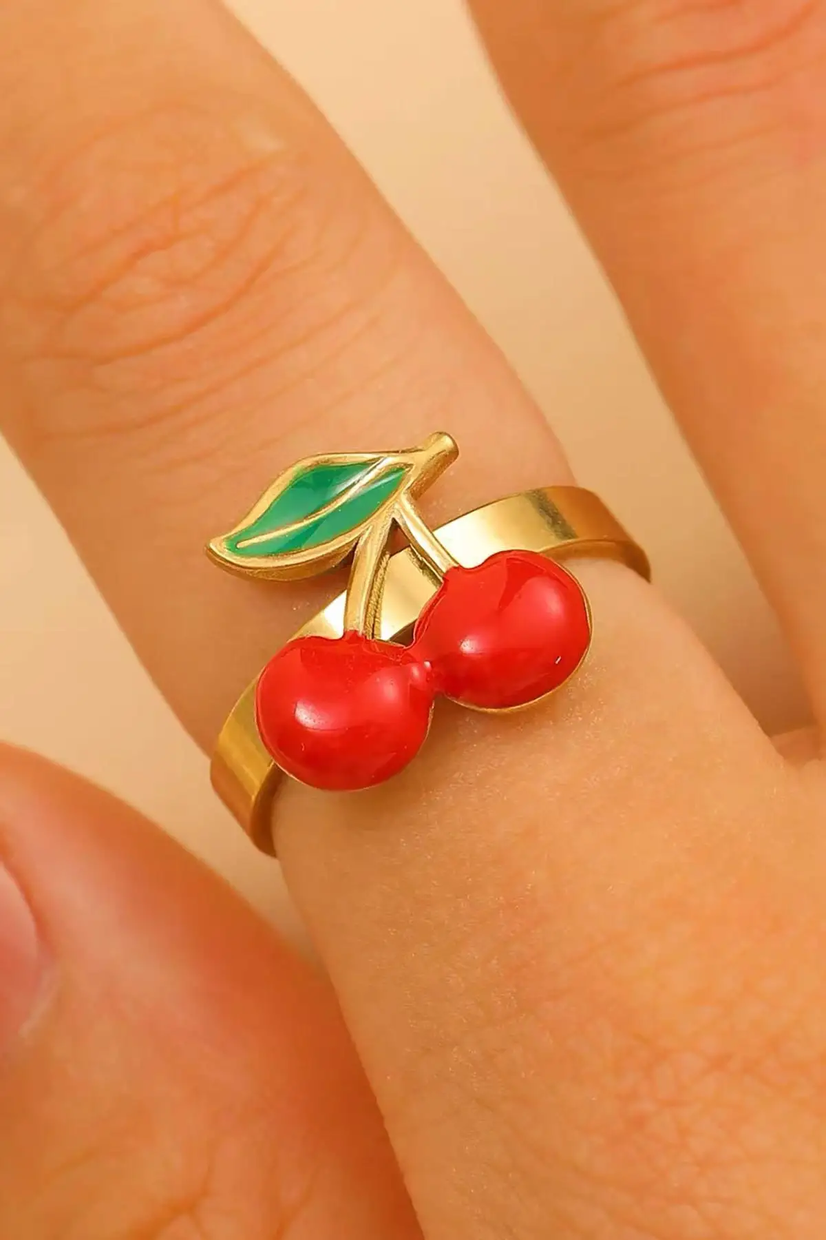 Altın Renk Kiraz Figürlü Ayarlanabilir Çelik Yüzük