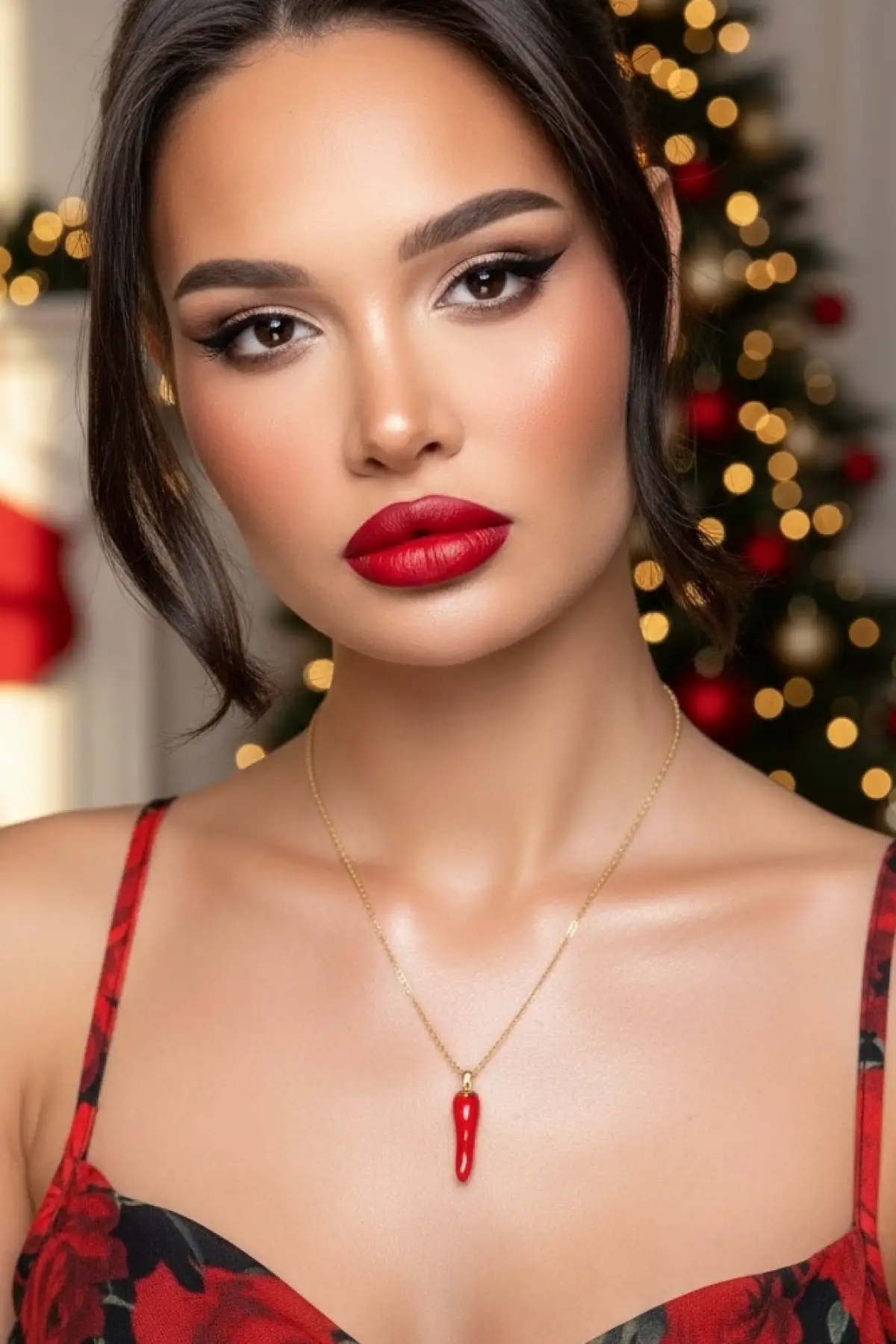 Altın Renk Kırmızı Biber Çelik Şans Kolyesi