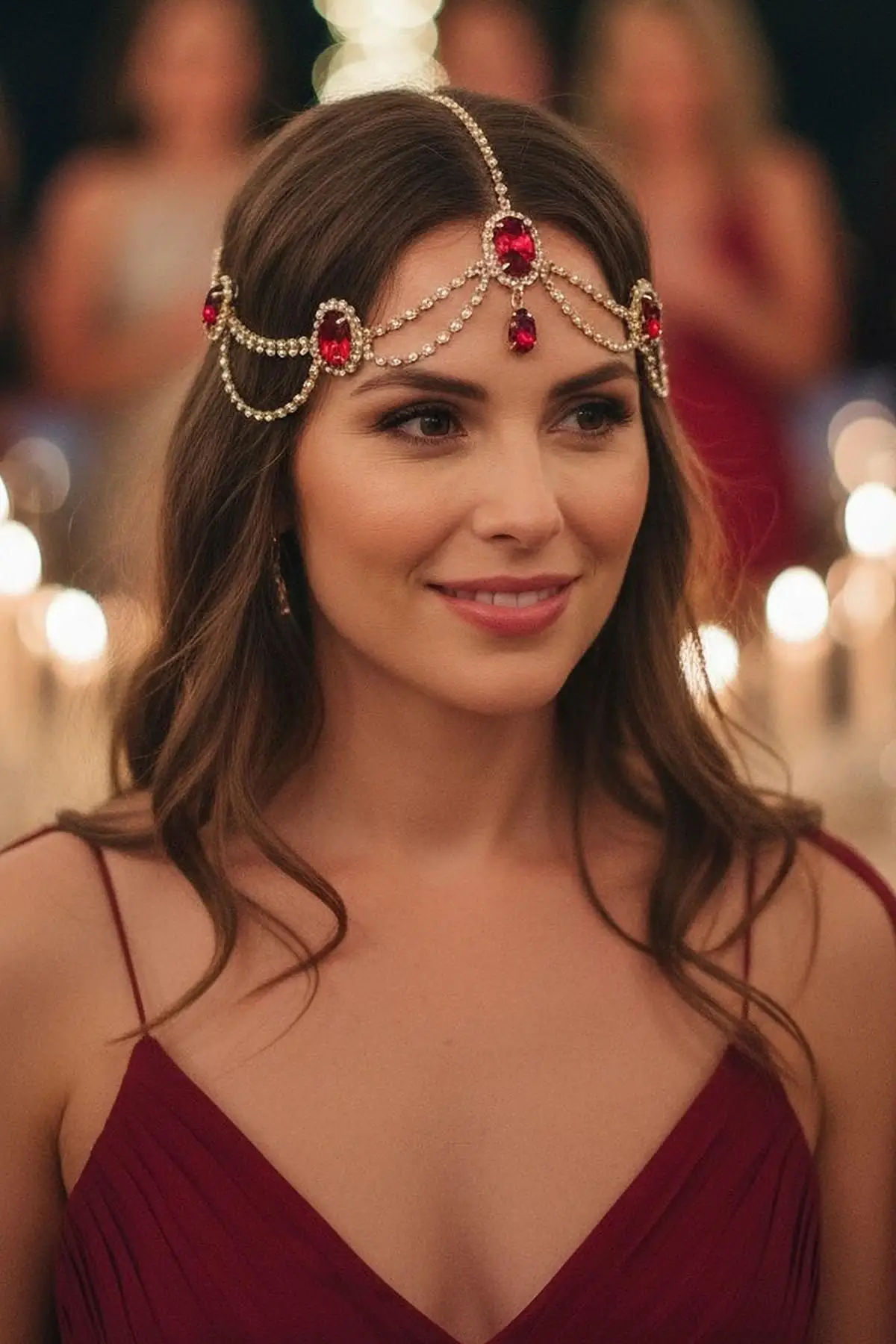 Altın Renk Kırmızı Taş Detaylı Alınlık/Kına Aksesuarı