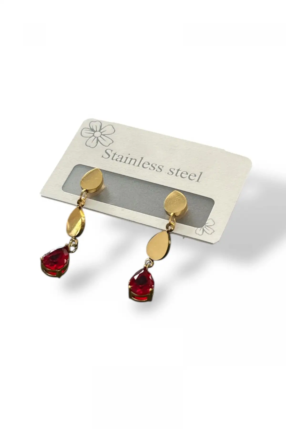 Altın Renk Kırmızı Taş Detaylı Çelik Küpe (Çift)