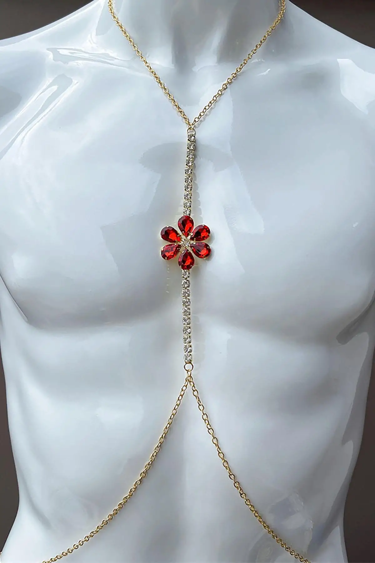 Altın Renk Kırmızı Taş Detaylı Tasarım Vücut Aksesuar