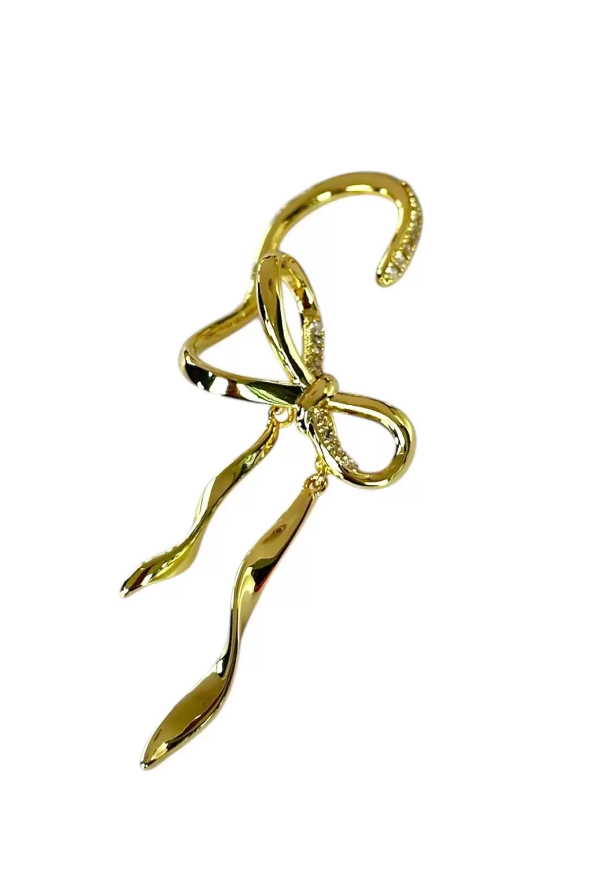 Altın Renk Kurdele Figürlü Taş Detaylı Sallantılı Ear Cuff (Tek)
