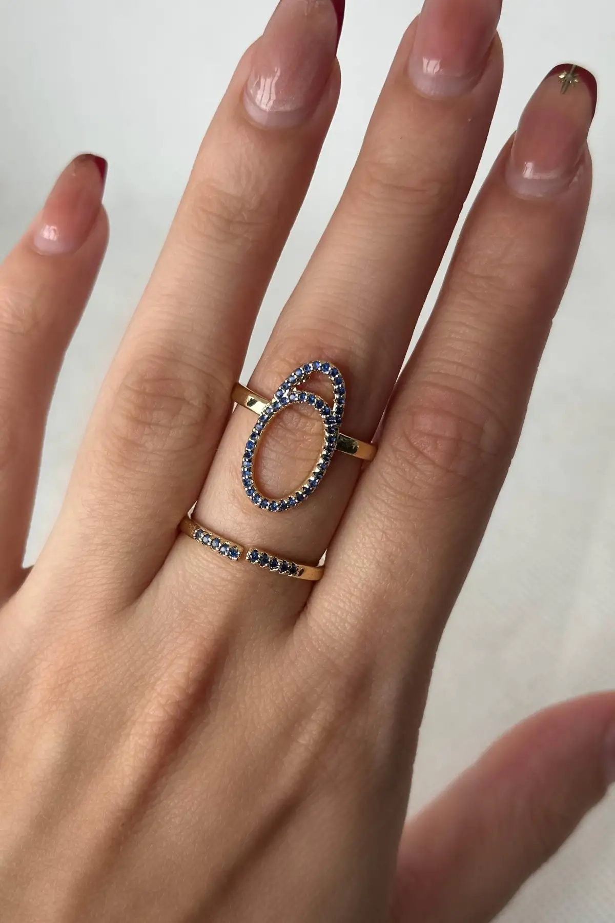 Altın Renk Lacivert Taş Detaylı Ayarlanabilir Çelik Yüzük