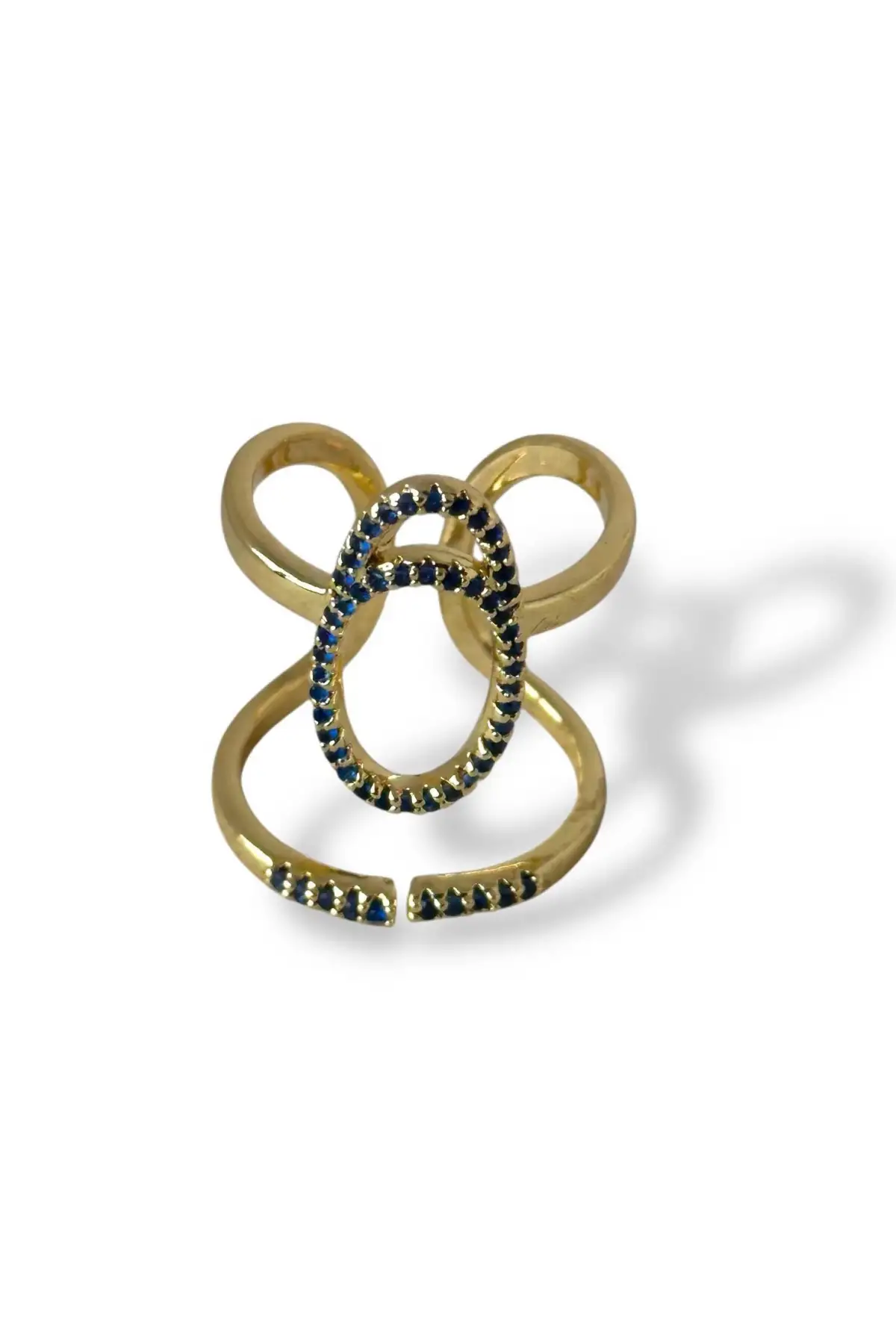 Altın Renk Lacivert Taş Detaylı Ayarlanabilir Çelik Yüzük