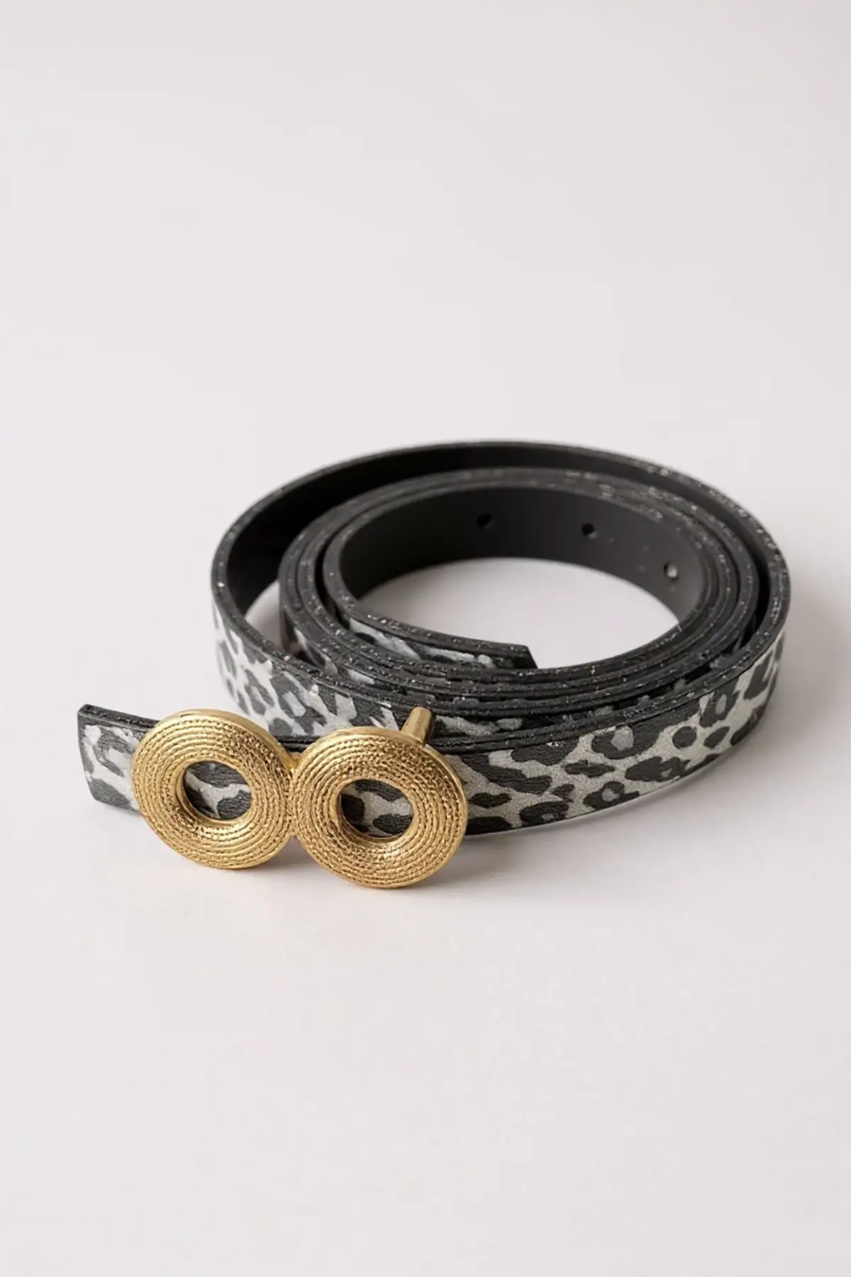 Altın Renk Leopar Desenli Kadın Deri Kemer