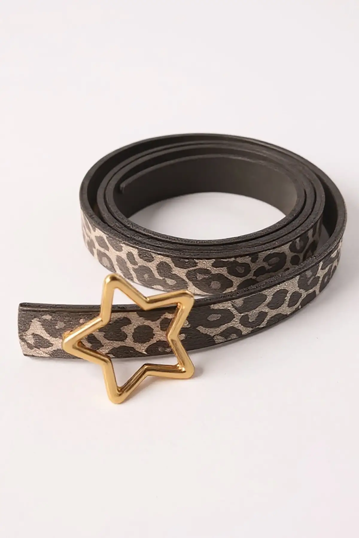 Altın Renk Leopar Desenli Kadın Deri Kemer
