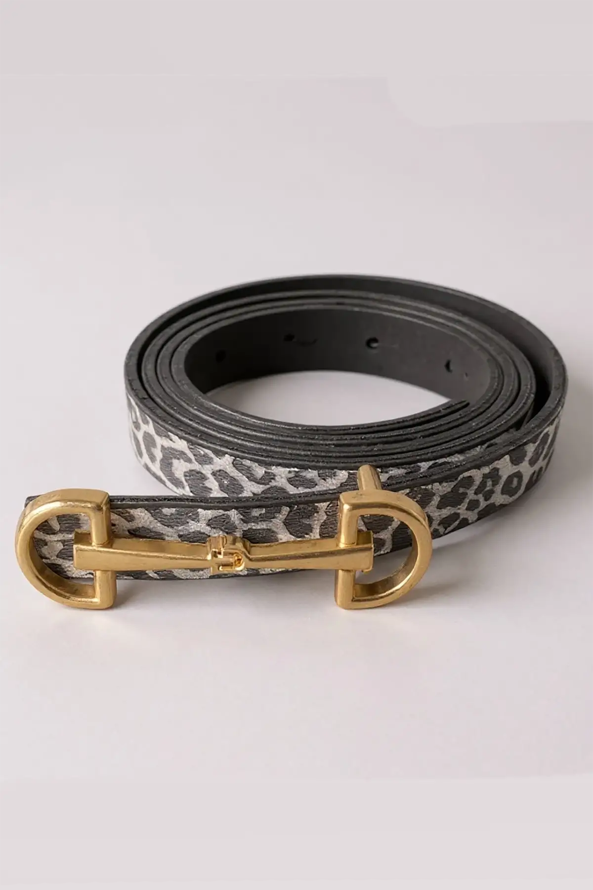 Altın Renk Leopar Desenli Kadın Deri Kemer