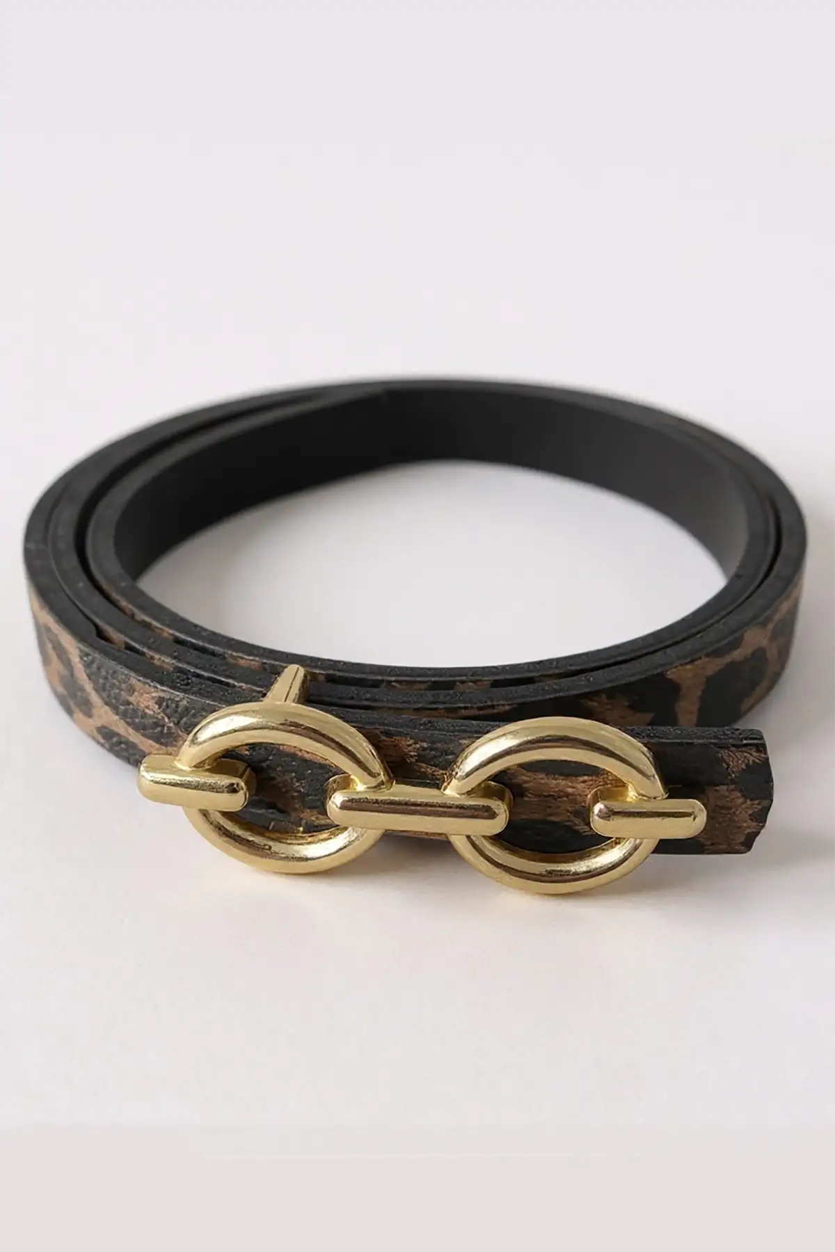 Altın Renk Leopar Desenli Kadın Deri Kemer