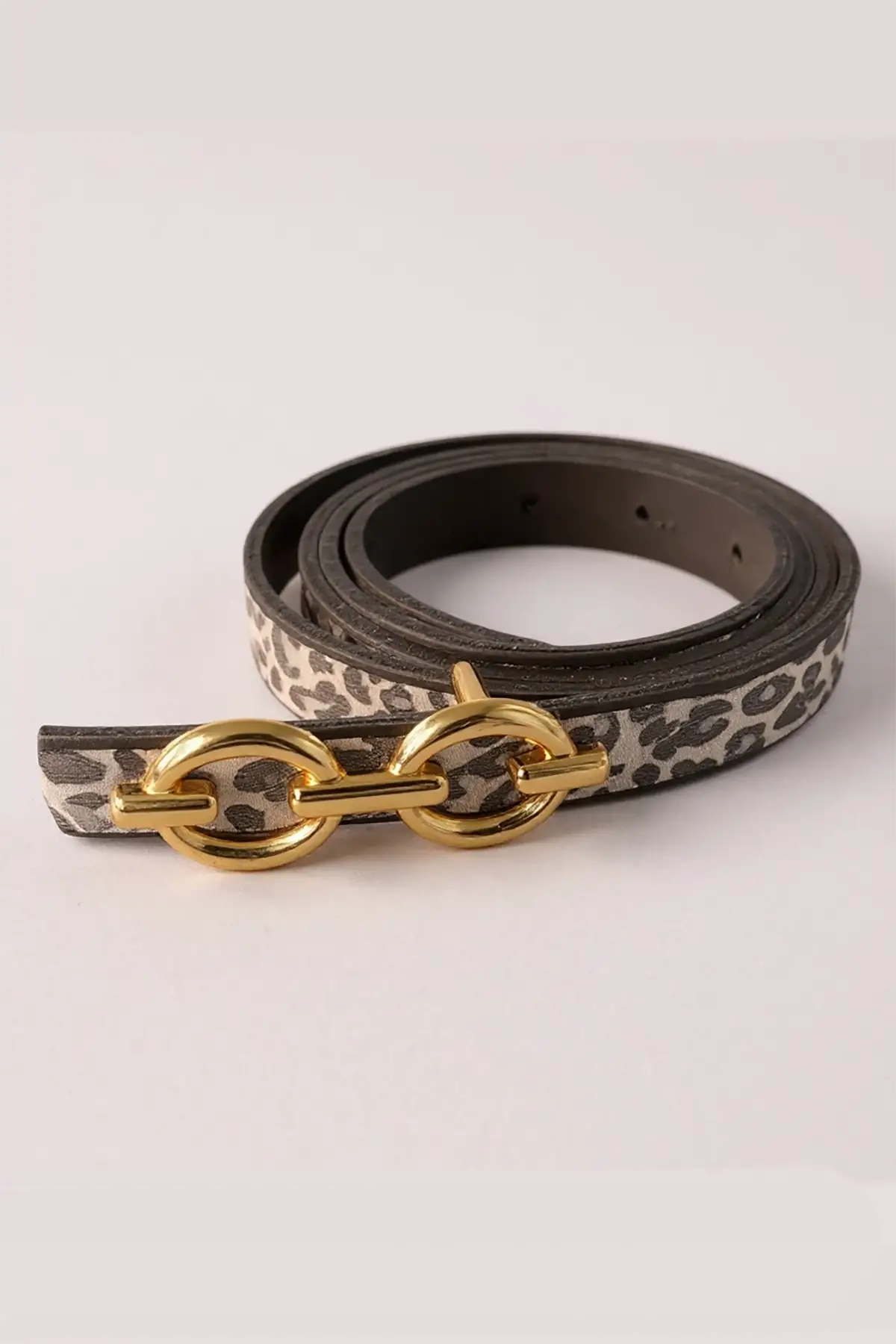 Altın Renk Leopar Desenli Kadın Deri Kemer