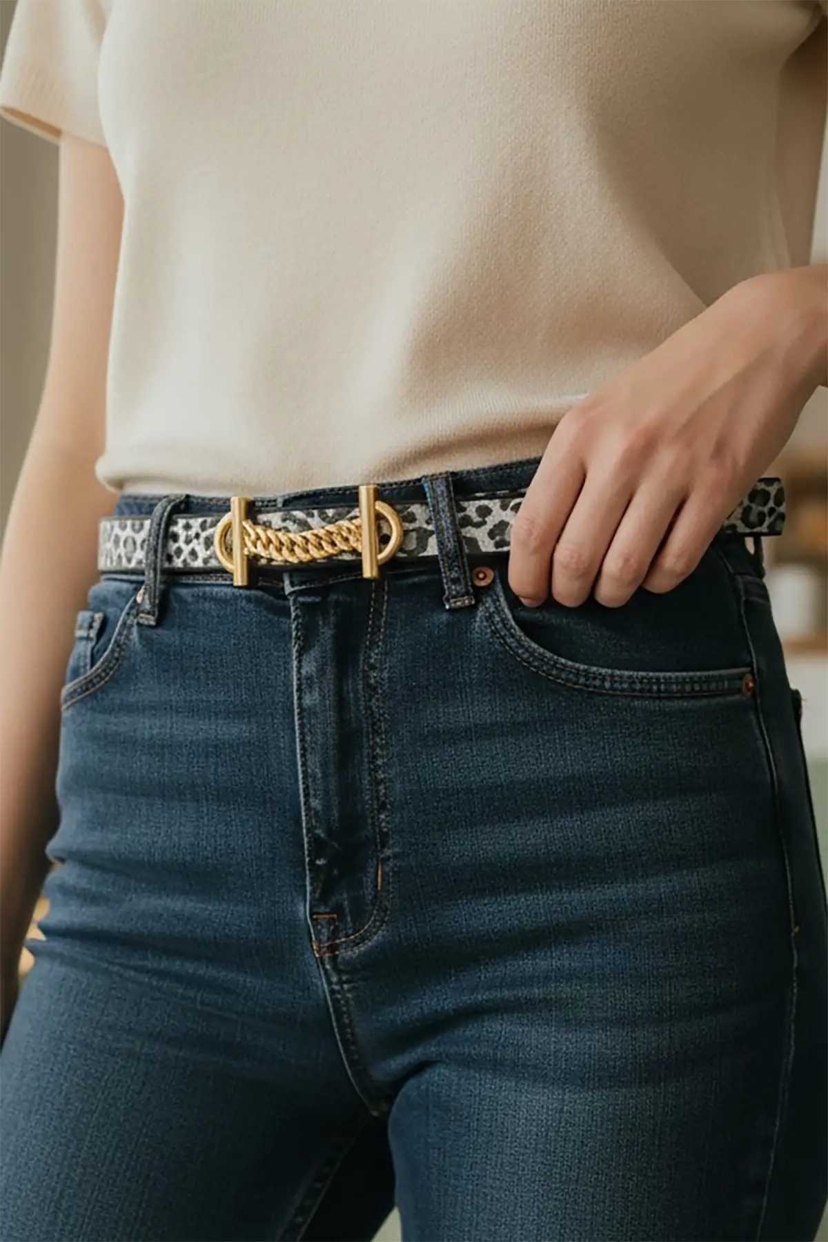 Altın Renk Leopar Desenli Kadın Deri Kemer