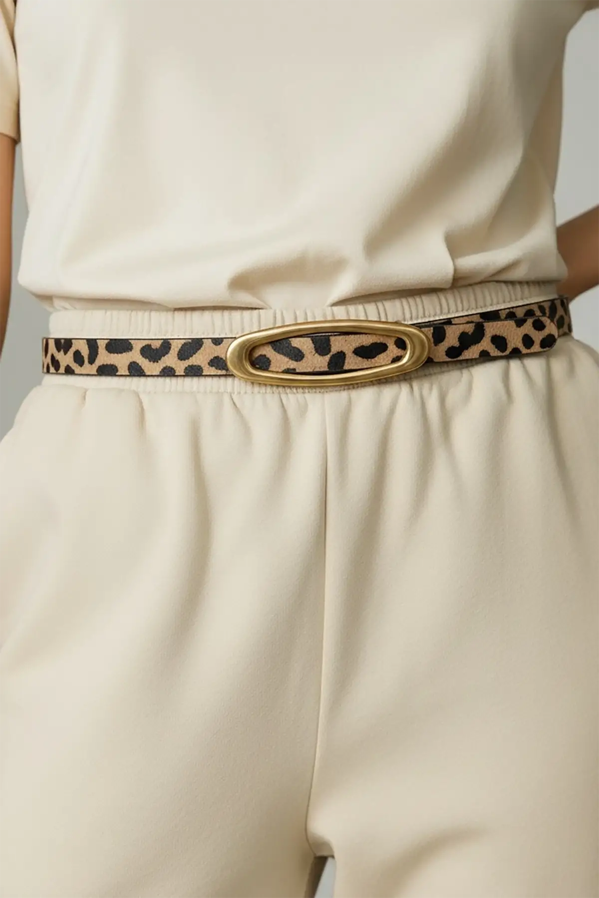 Altın Renk Leopar Desenli Kadın Deri Kemer