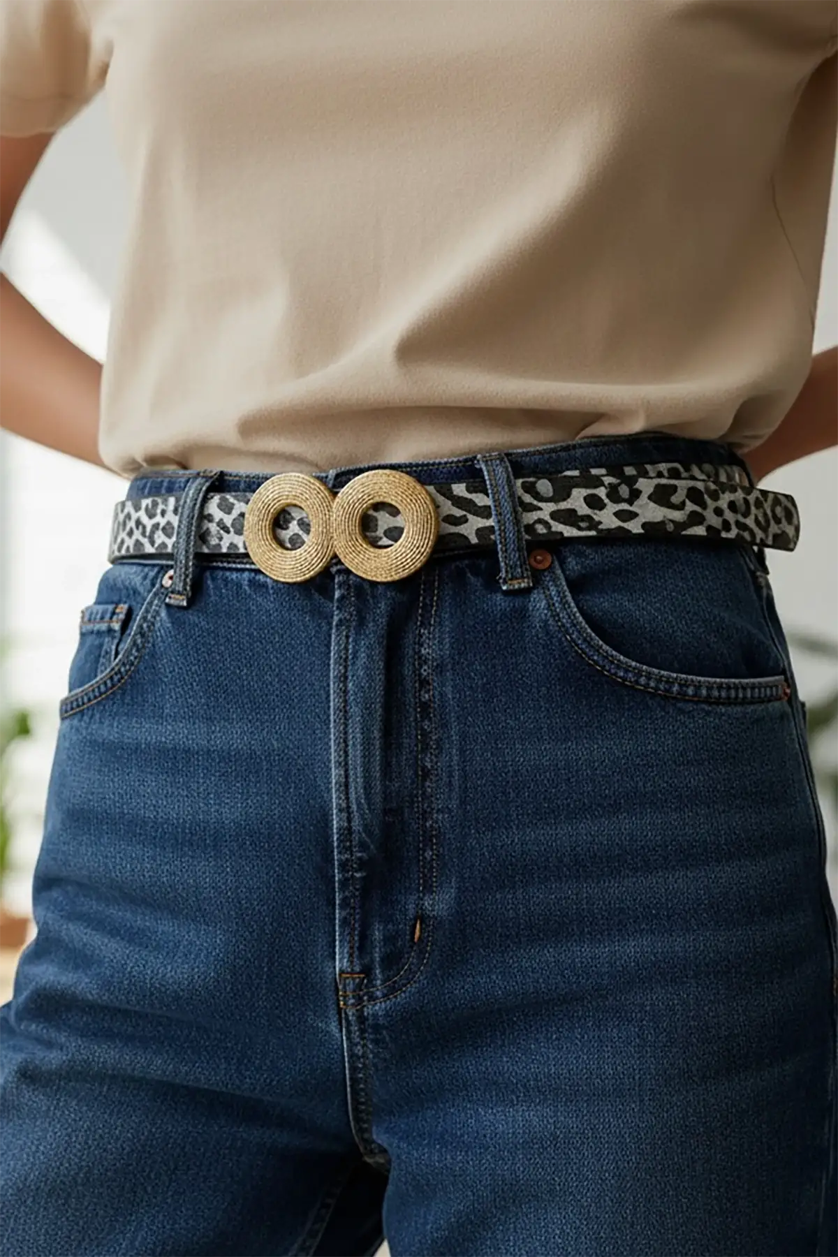 Altın Renk Leopar Desenli Kadın Deri Kemer