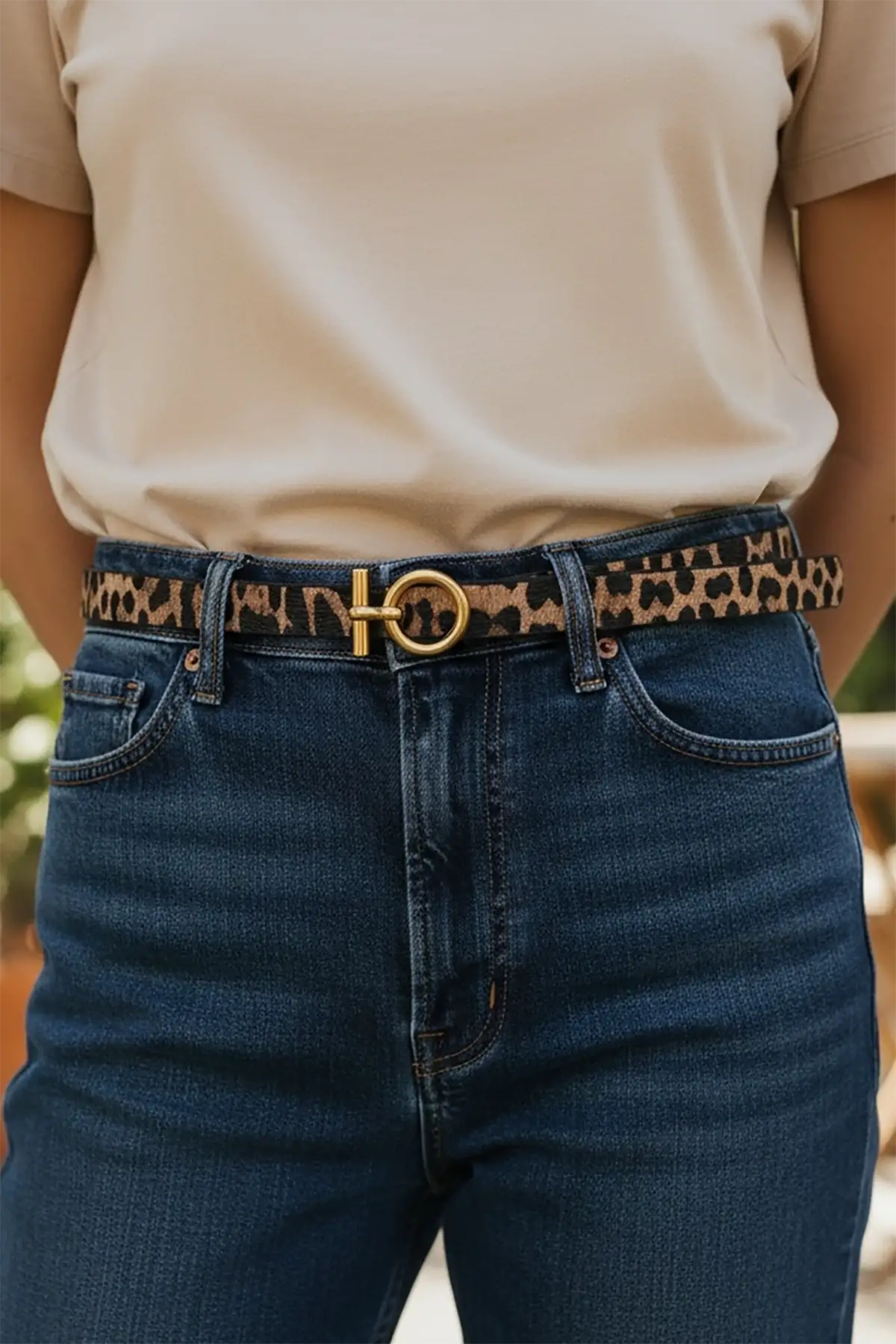 Altın Renk Leopar Desenli Kadın Deri Kemer