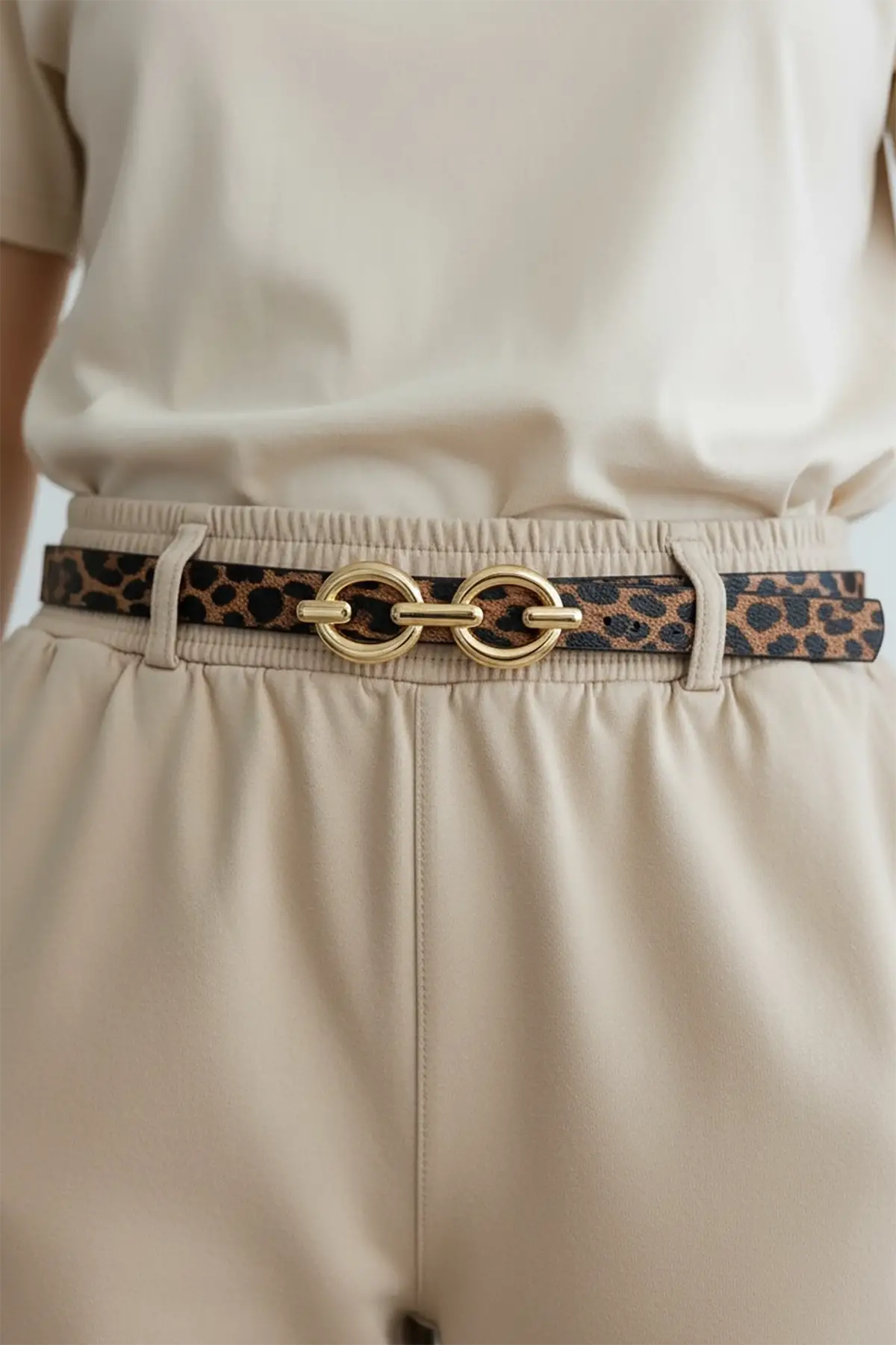 Altın Renk Leopar Desenli Kadın Deri Kemer