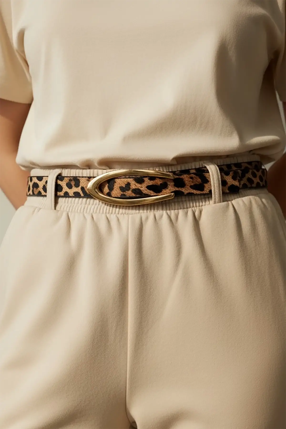 Altın Renk Leopar Desenli Kadın Deri Kemer