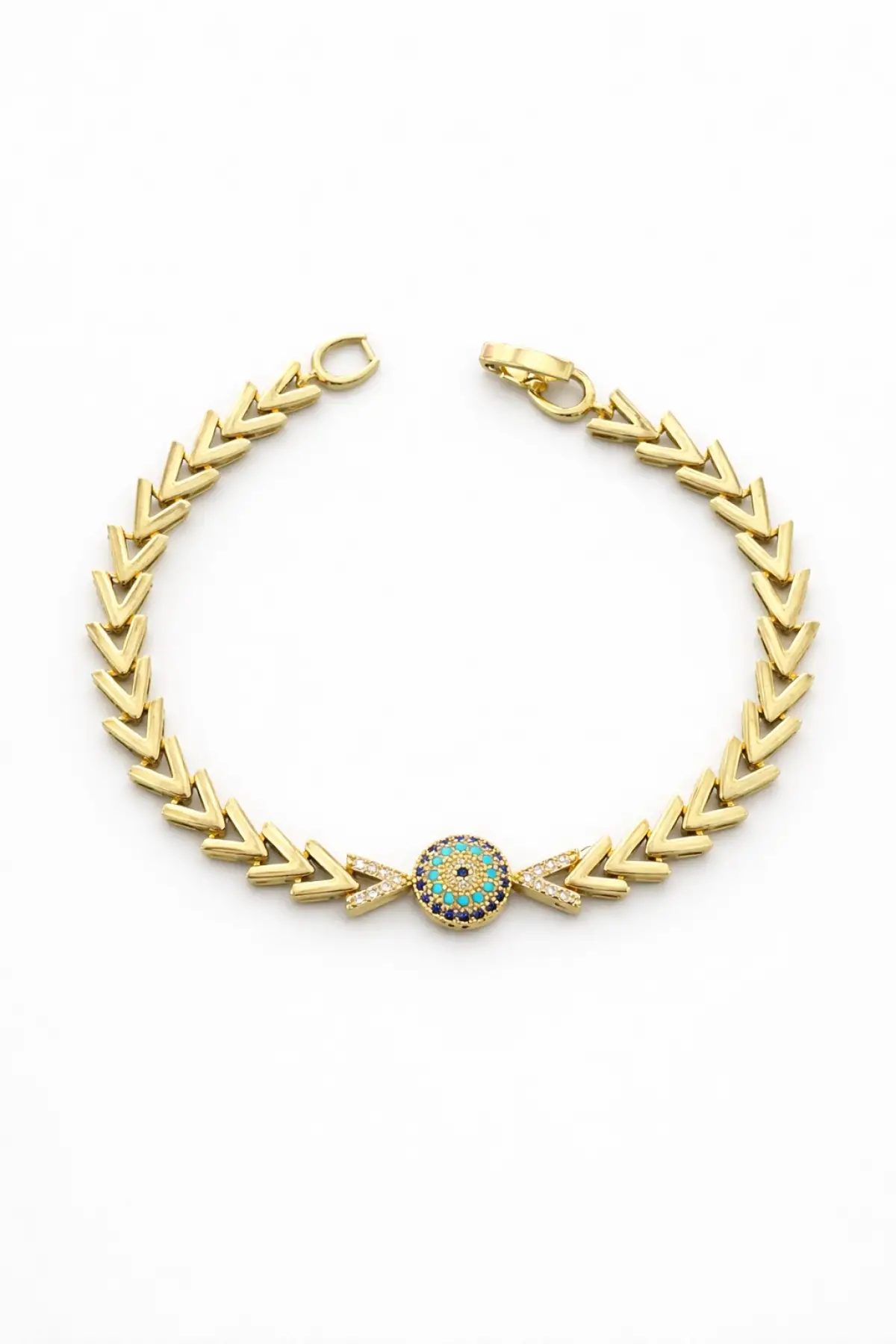 Altın Renk Nazar Boncuğu Figürlü 14K Altın Kaplama VİP Bileklik