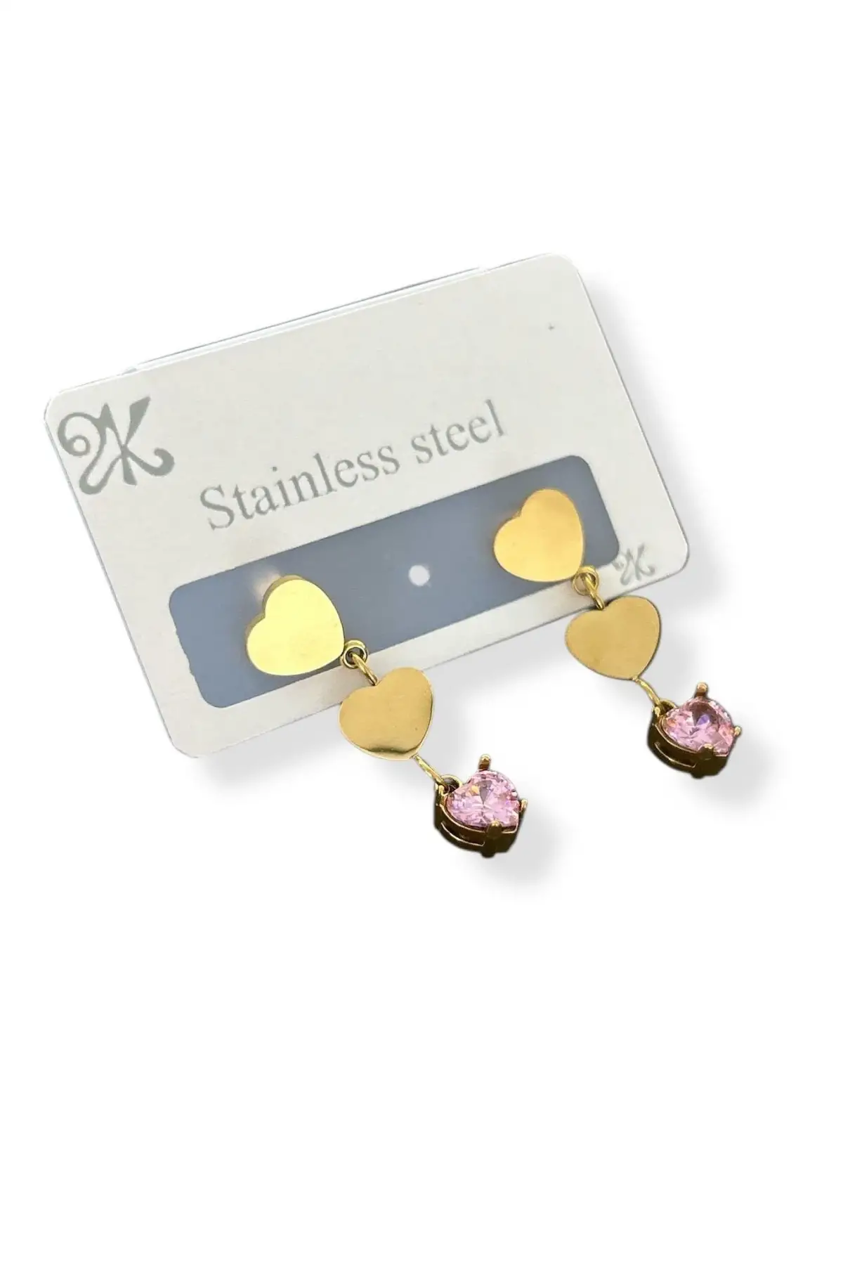 Altın Renk Pembe Taş Detaylı Çelik Küpe (Çift)