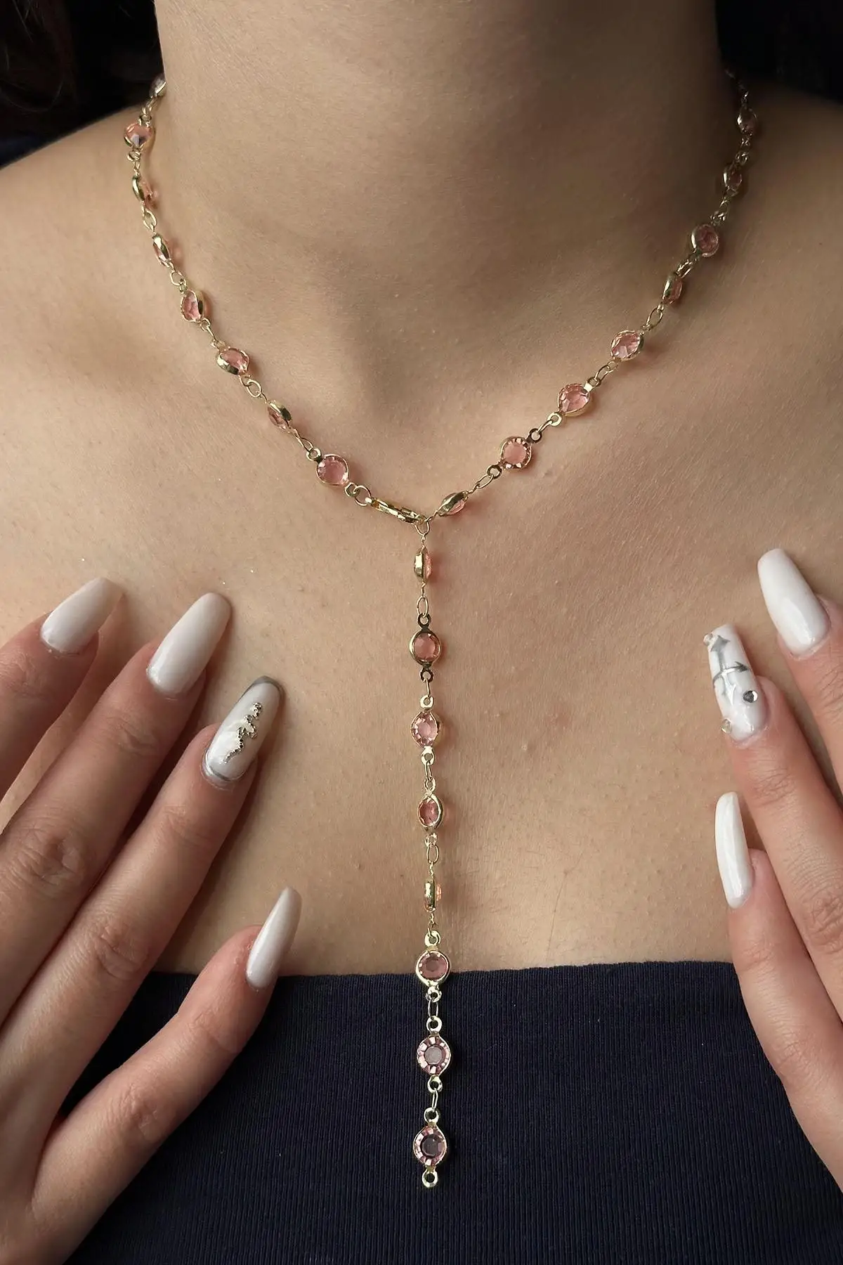 Altın Renk Pembe Taş Detaylı Çelik Y Kolye