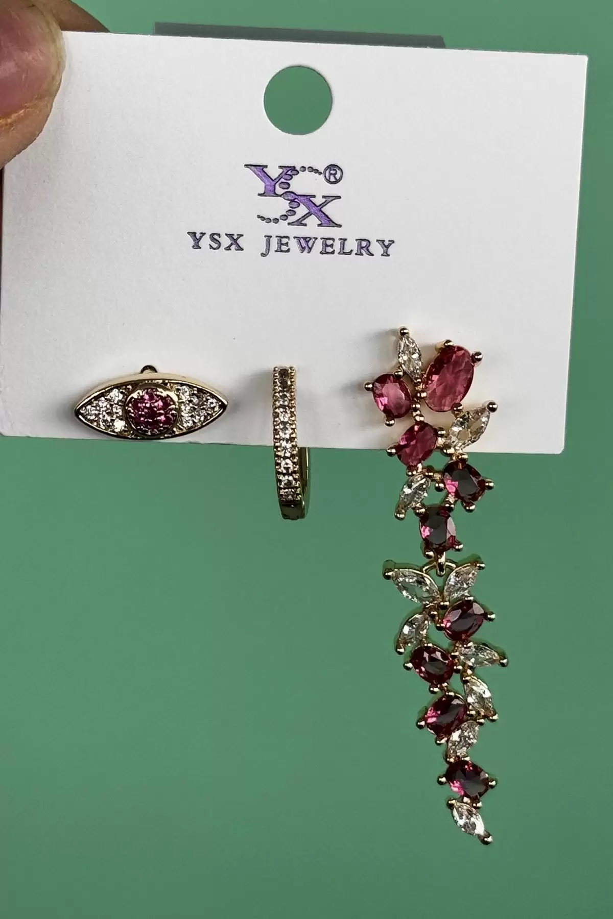 Altın Renk Pembe Taş Detaylı VİP 3lü YSX Küpe Set
