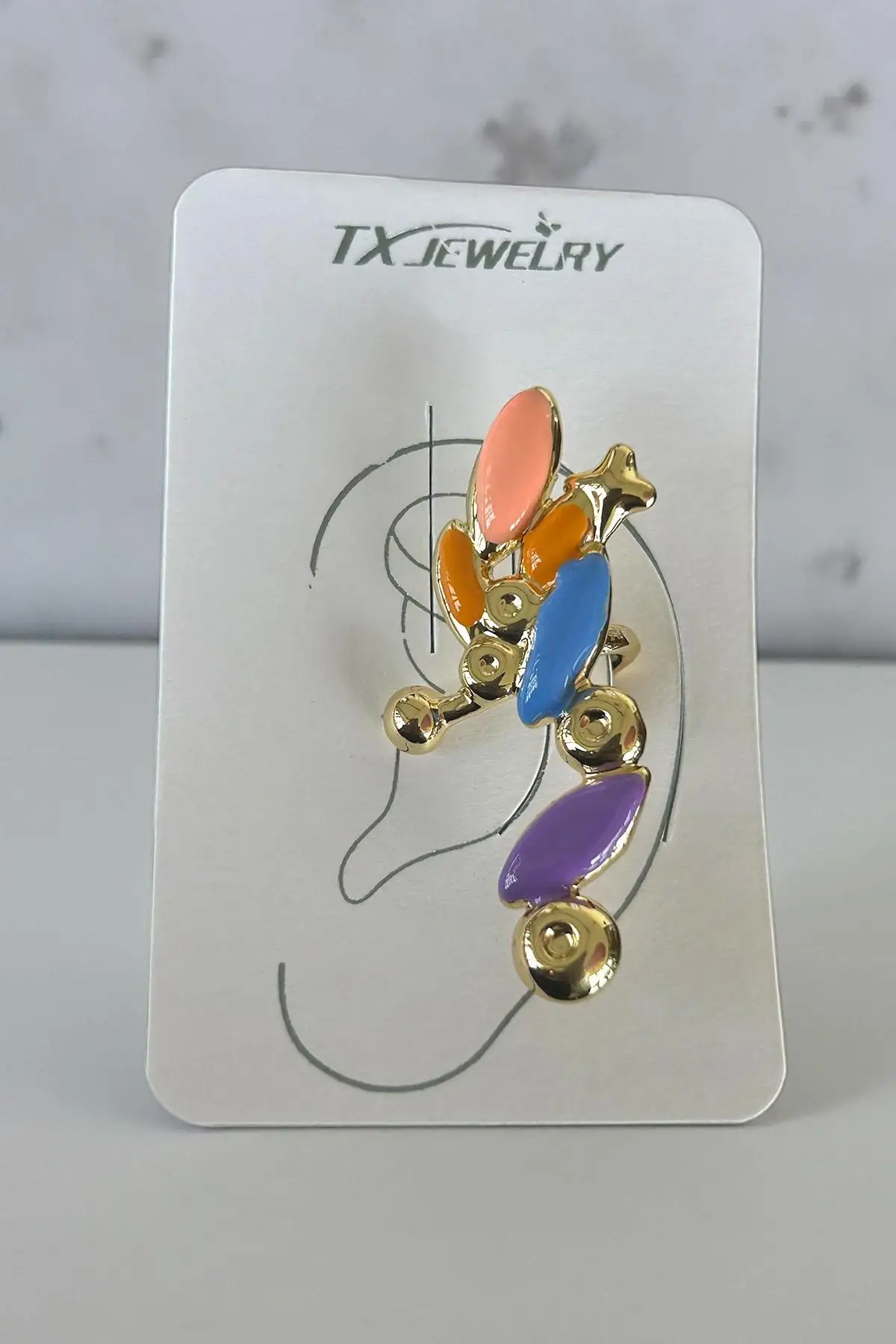 Altın Renk Renkli Taş Detaylı 14K Altın Kaplama TX Ear Cuff (Tek)