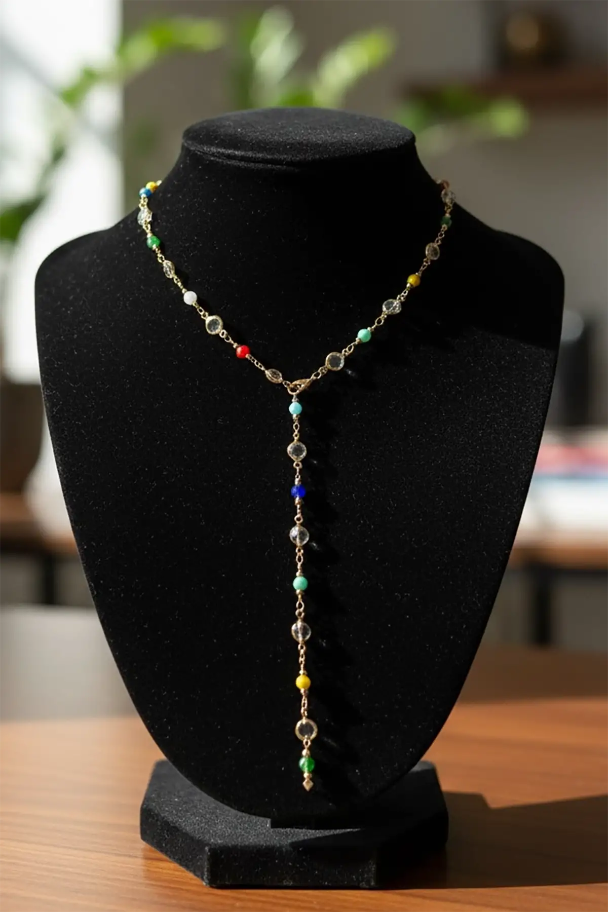 Altın Renk Renkli Taş Detaylı Çelik Y Kolye