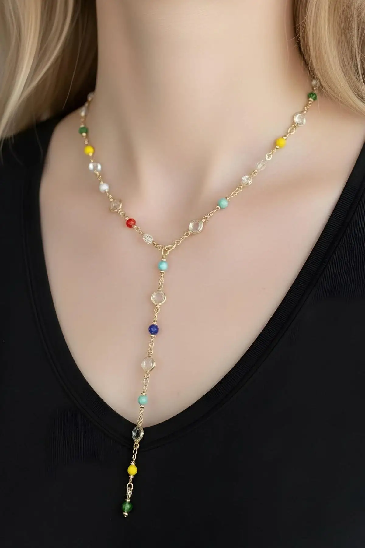 Altın Renk Renkli Taş Detaylı Çelik Y Kolye