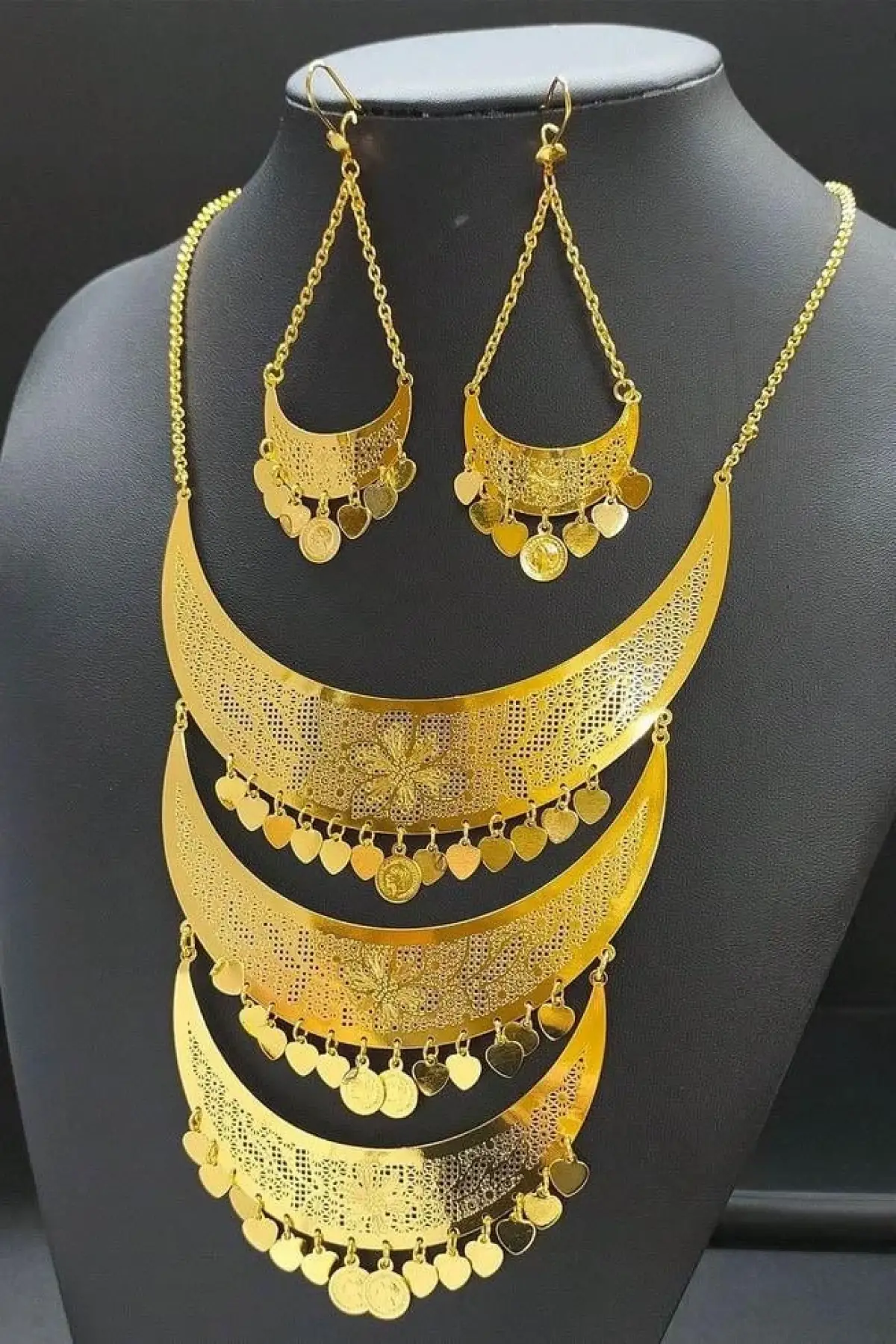 Altın Renk Sallantılı Çelik Kolye Ve Küpe Düğün Kına Nişan Gelin Seti