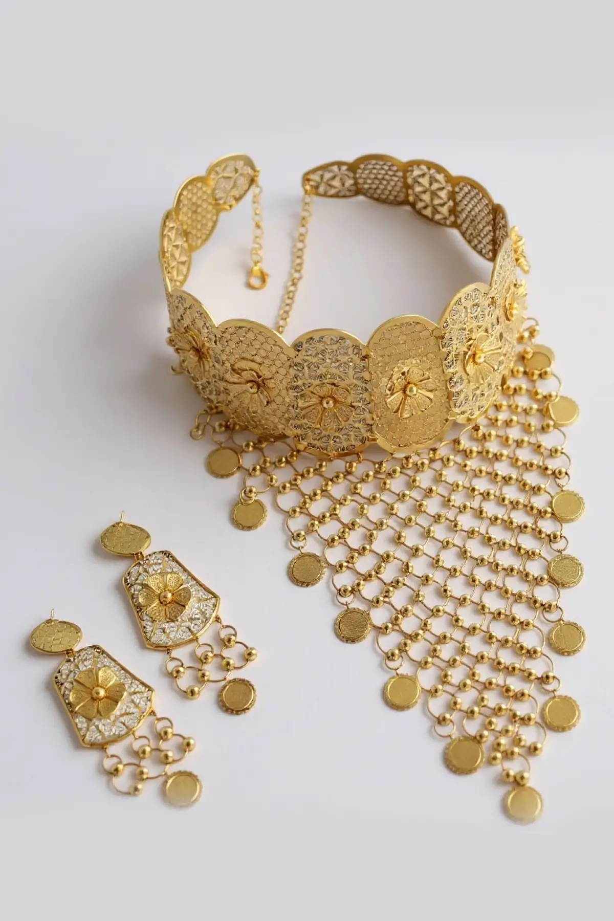 Altın Renk Sallantılı Kolye Ve Küpe Düğün Kına Nişan Gelin Seti