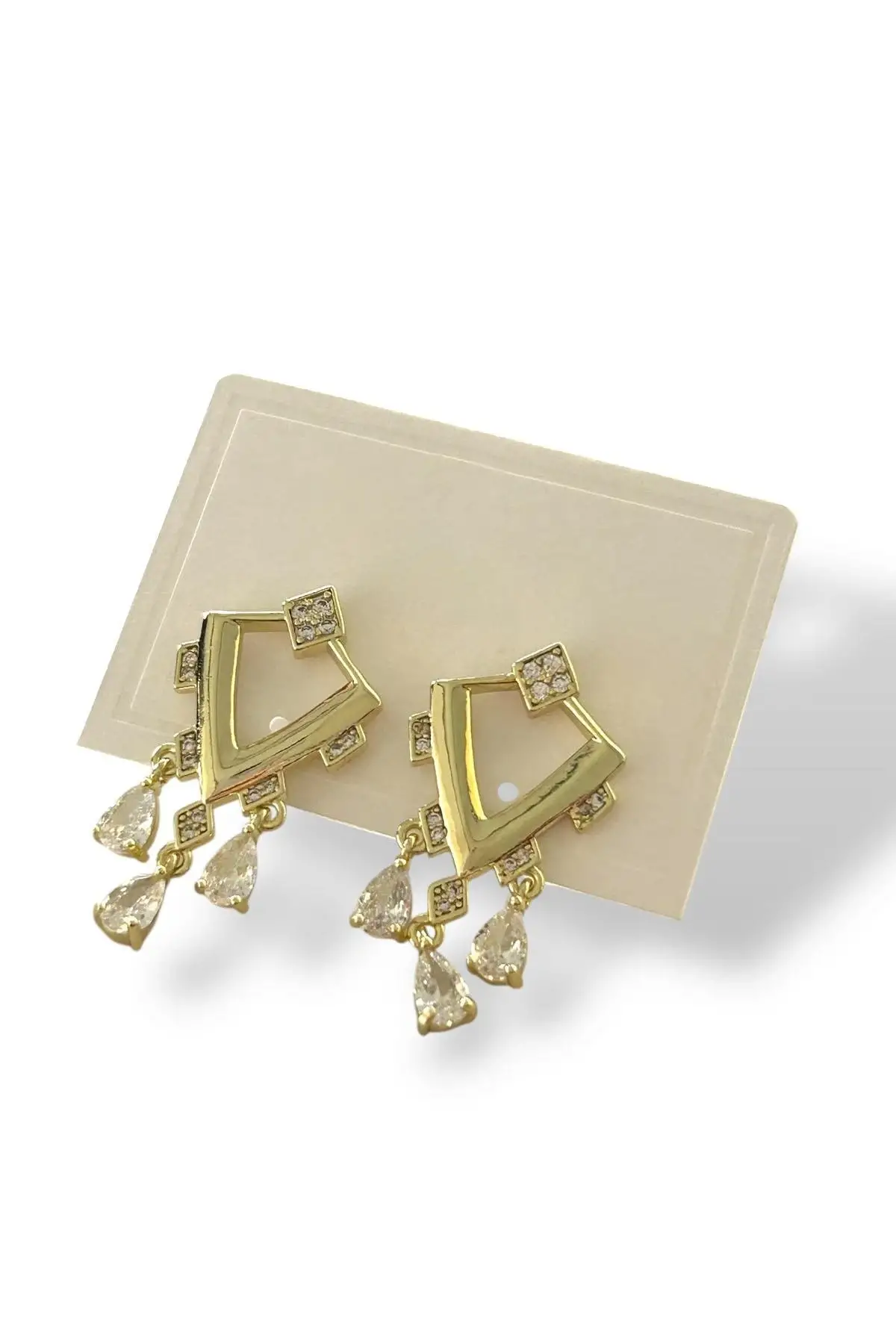 Altın Renk Taş Detaylı 14K Altın Kaplama Küpe (Çift)