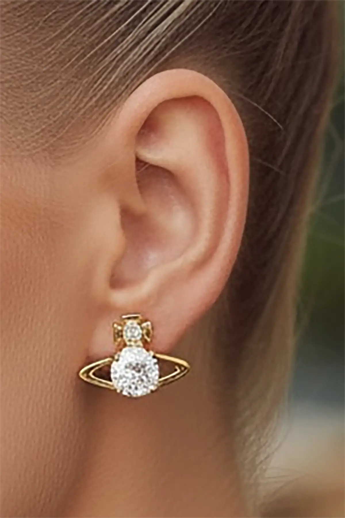 Altın Renk Taş Detaylı 14K Altın Kaplama Küpe (Çift)