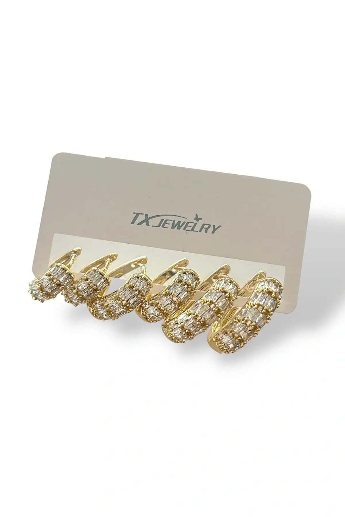 Altın Renk Taş Detaylı 14K Altın Kaplama TX 6lı Halka Küpe Set