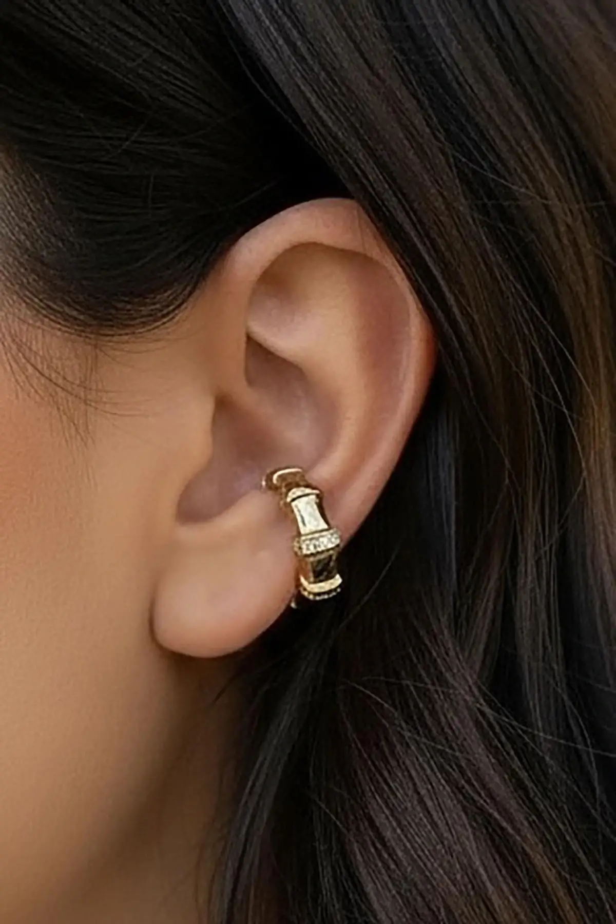 Altın Renk Taş Detaylı 14K Altın Kaplama TX Ear Cuff (Tek)