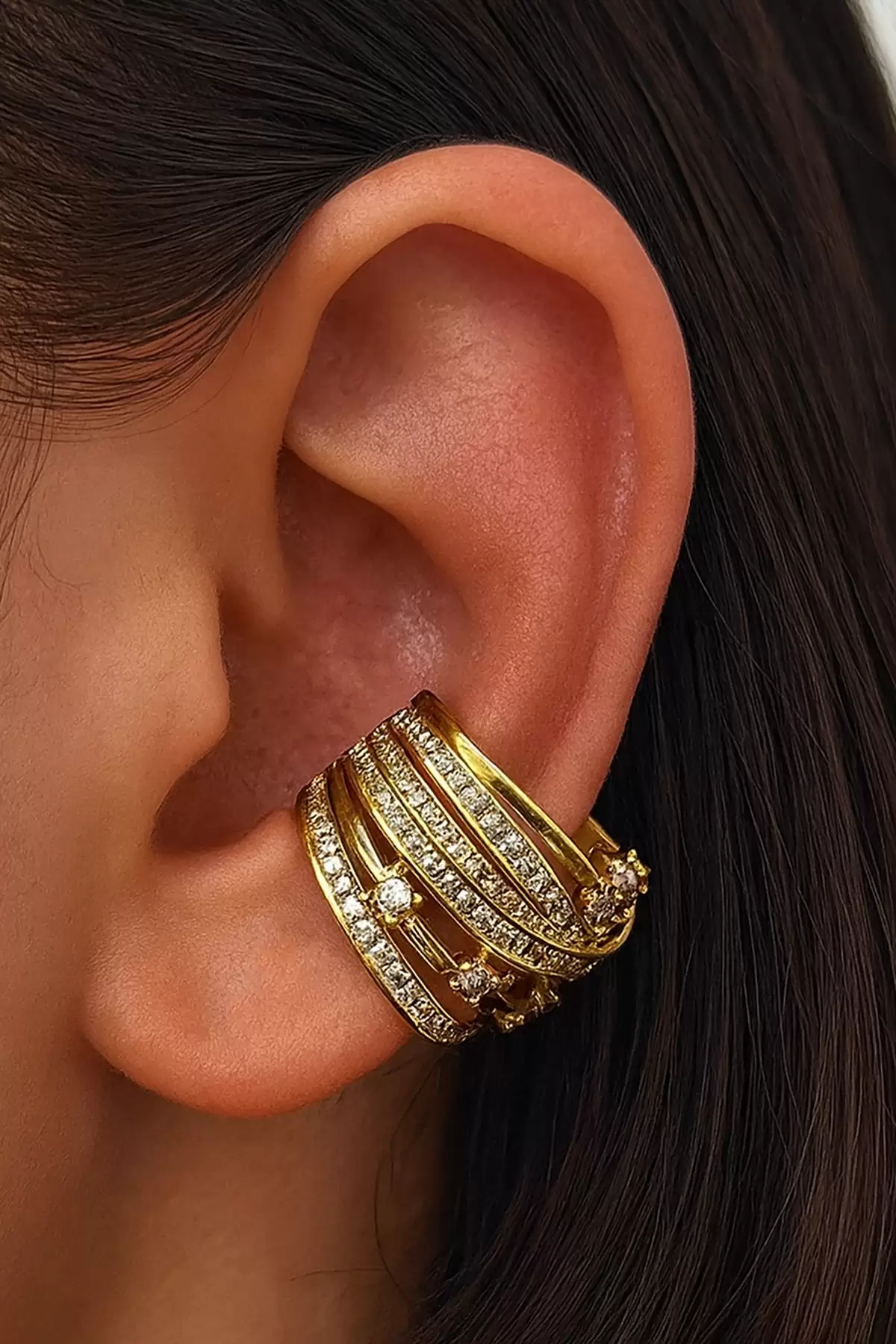 Altın Renk Taş Detaylı 14K Altın Kaplama TX Ear Cuff (Tek)