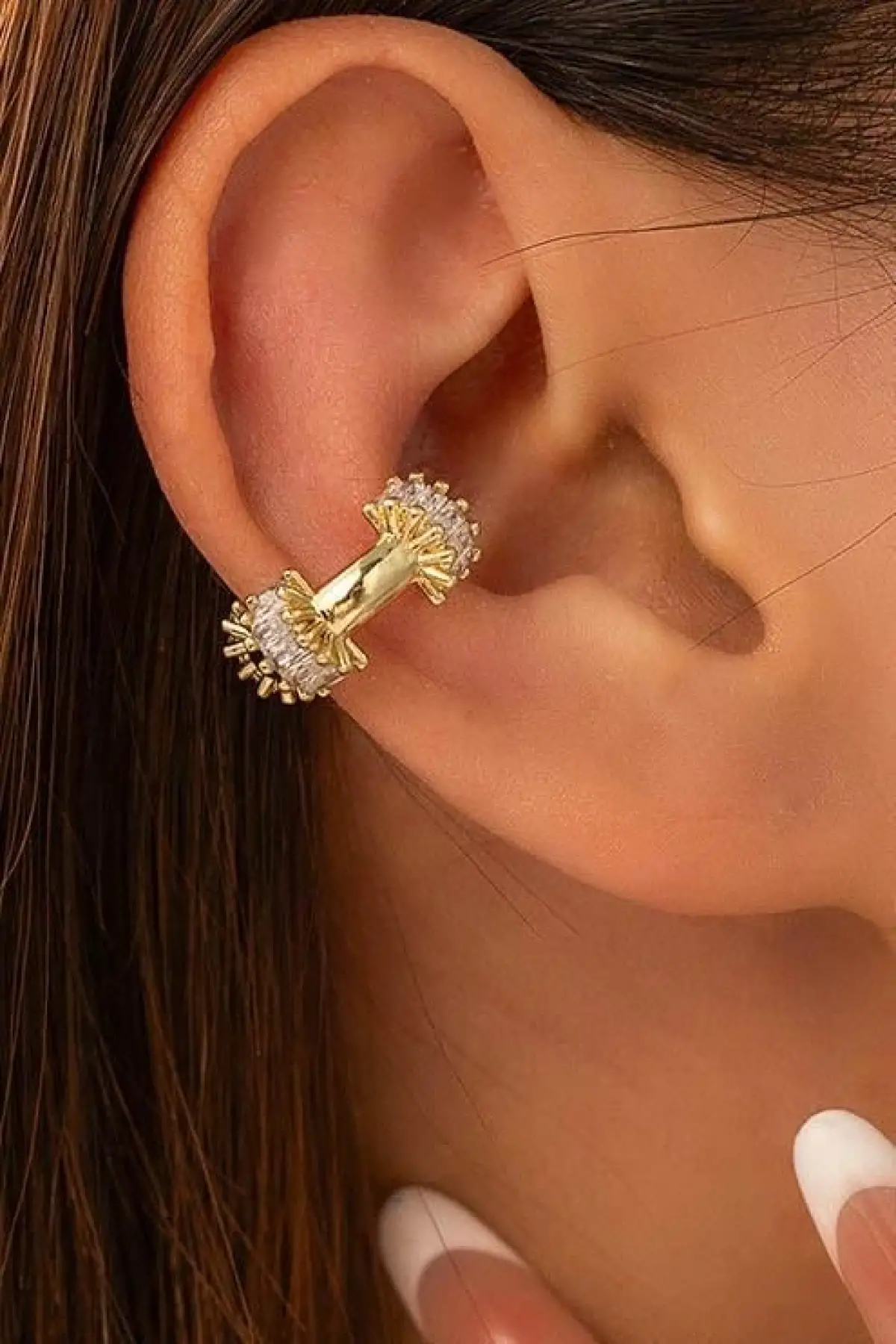 Altın Renk Taş Detaylı 14K Altın Kaplama TX Ear Cuff (Tek)