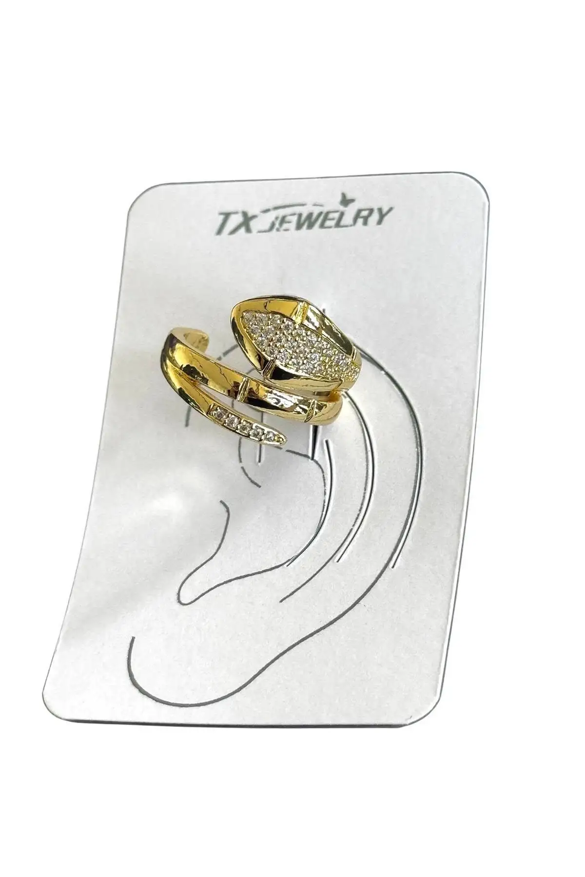 Altın Renk Taş Detaylı 14K Altın Kaplama TX Ear Cuff (Tek)