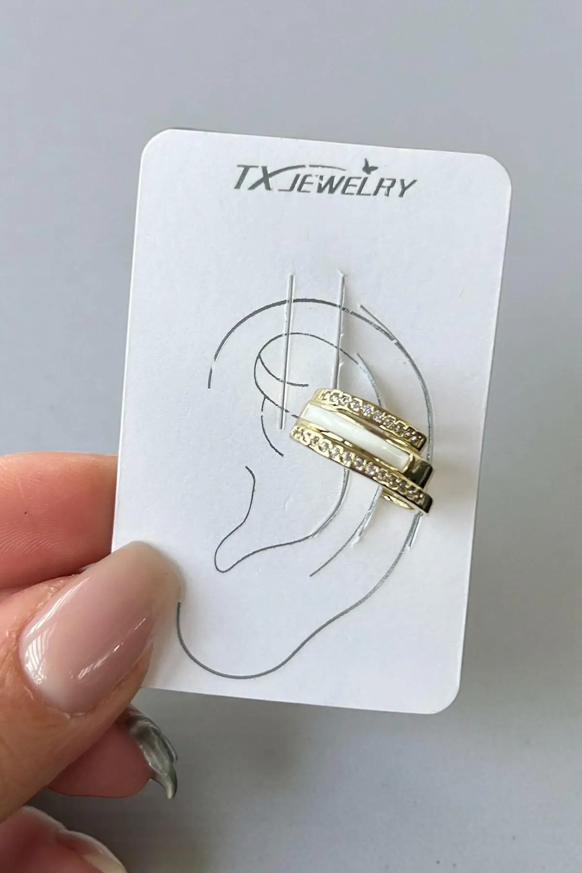 Altın Renk Taş Detaylı 14K Altın Kaplama TX Ear Cuff (Tek)