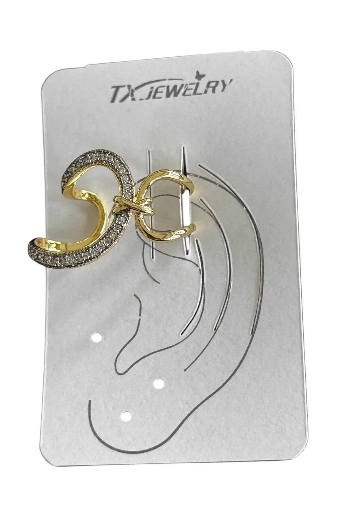 Altın Renk Taş Detaylı 14K Altın Kaplama TX Ear Cuff (Tek)