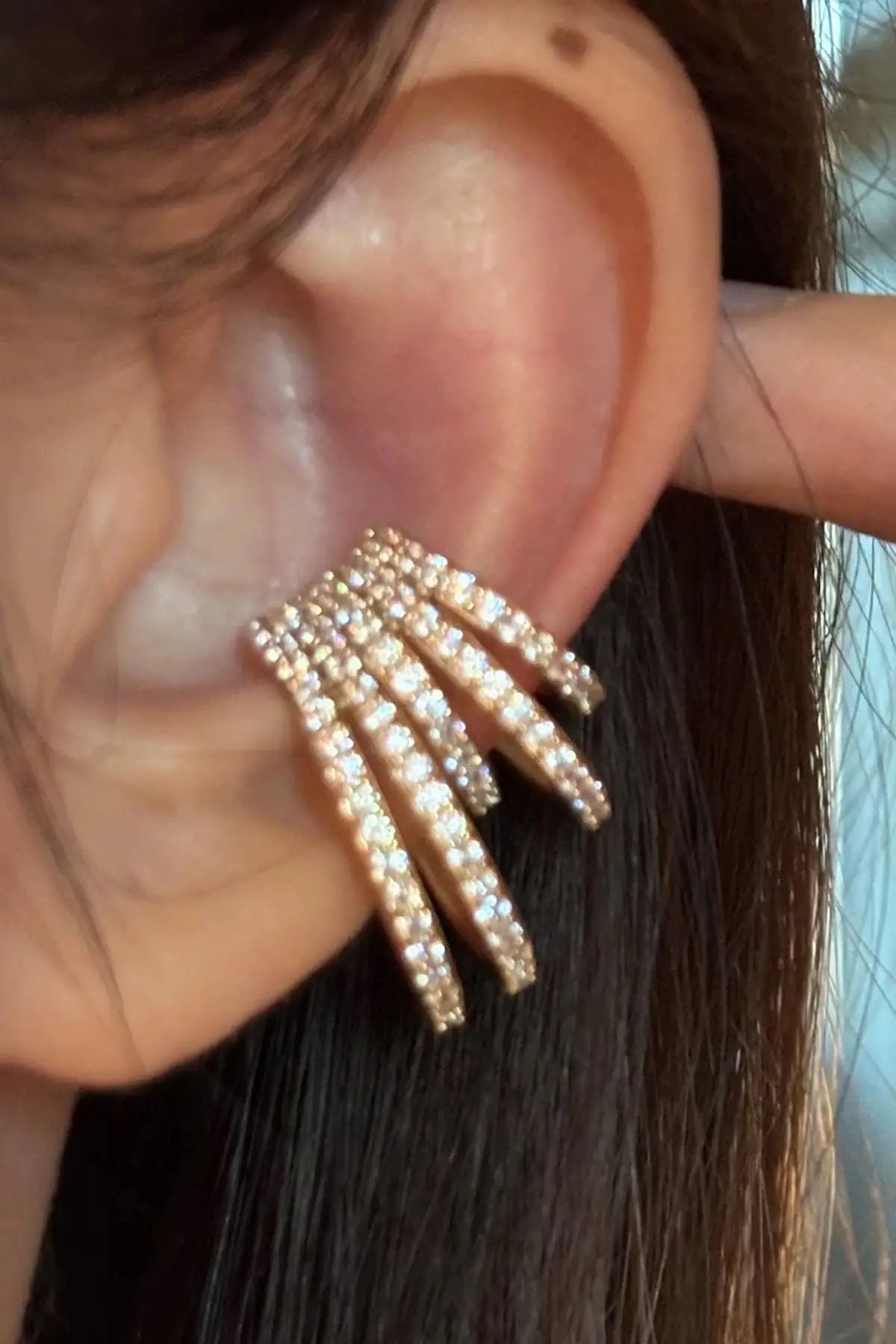 Altın Renk Taş Detaylı 14K Altın Kaplama TX Ear Cuff (Tek)