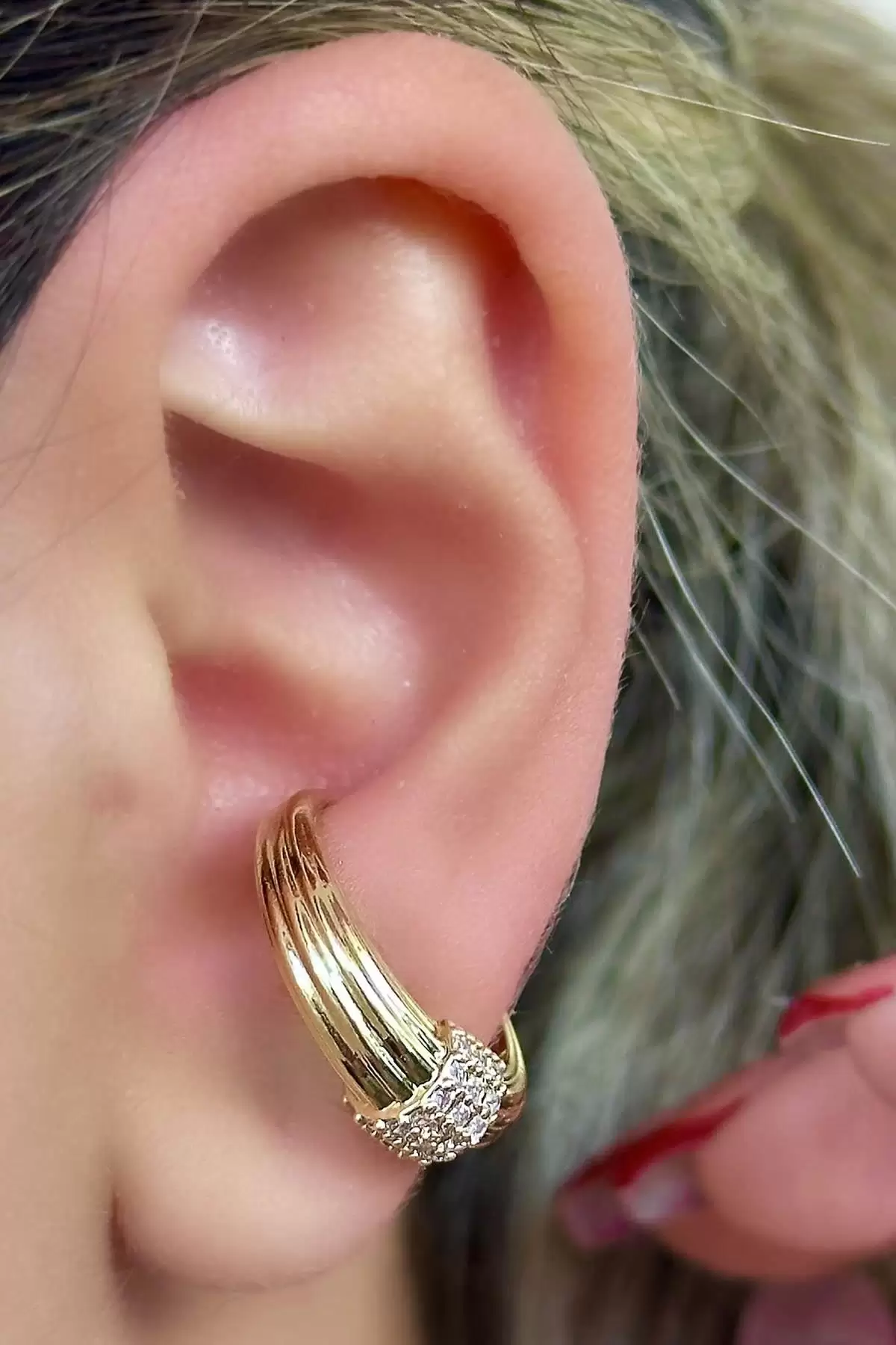 Altın Renk Taş Detaylı 14K Altın Kaplama TX Ear Cuff (Tek)