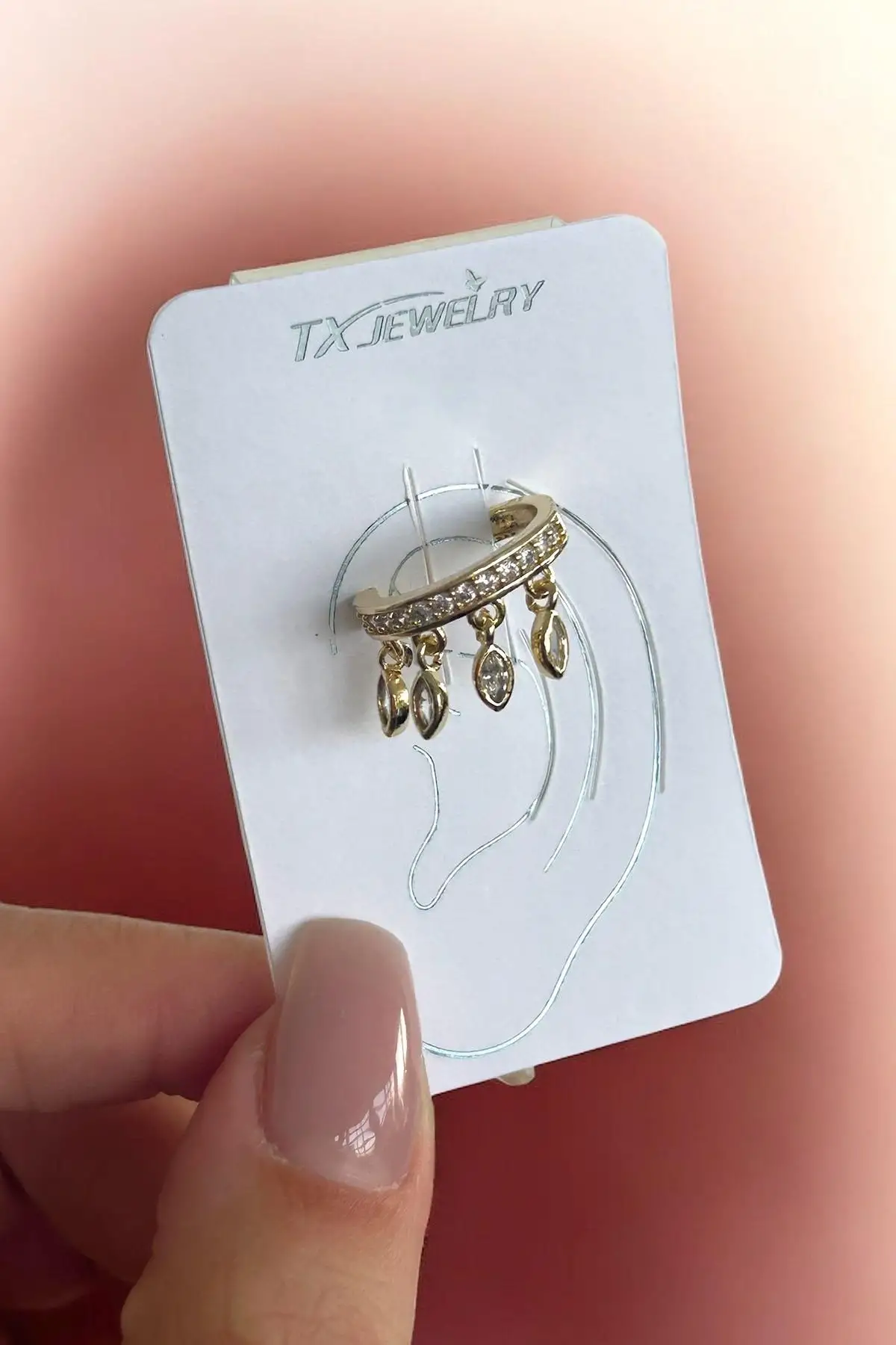 Altın Renk Taş Detaylı 14K Altın Kaplama TX Ear Cuff (Tek)