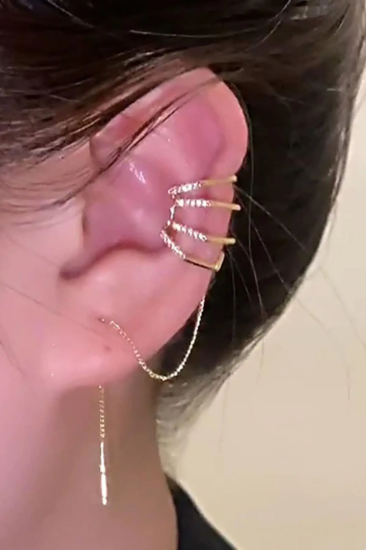 Altın Renk Taş Detaylı 14K Altın Kaplama TX Ear Cuff (Tek)