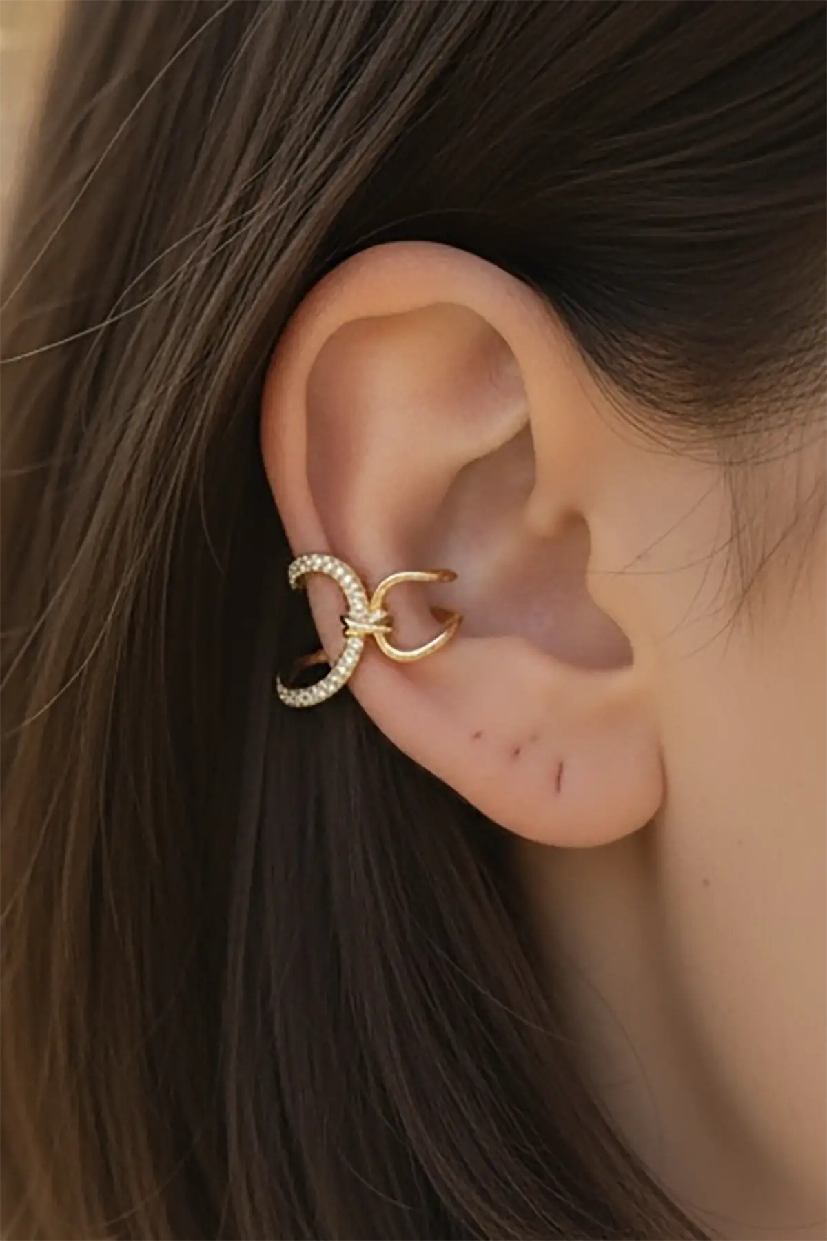 Altın Renk Taş Detaylı 14K Altın Kaplama TX Ear Cuff (Tek)